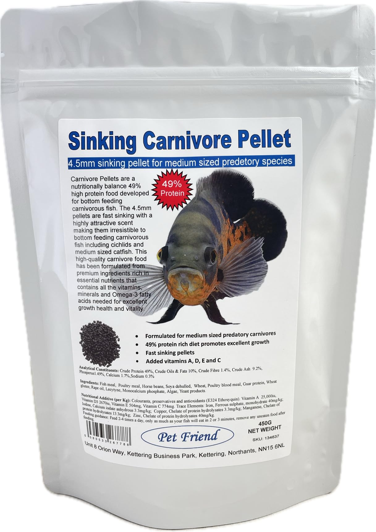 Pet Friend Sinking Carnivore Pellets Aquarium Tropical Fish Food For Bottom Feeding Catfish & Cichlids 4.5mm Medium 450g Pouch