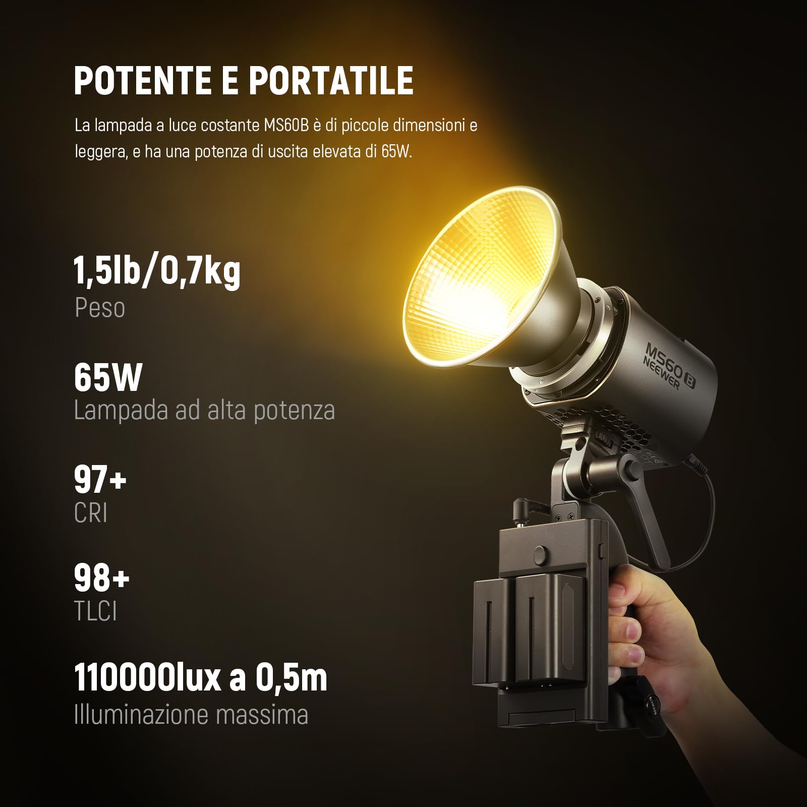 NEEWER MS60B 65W Luce Video LED con Controllo 2,4G/APP Illuminazione Video Continua COB Bicolore Compatto in Metallo Attacco Bowens 2700K-6500K 40000lux@1m/CRI 97+/TLCI 98+/12 Effetti Dimmer PWM