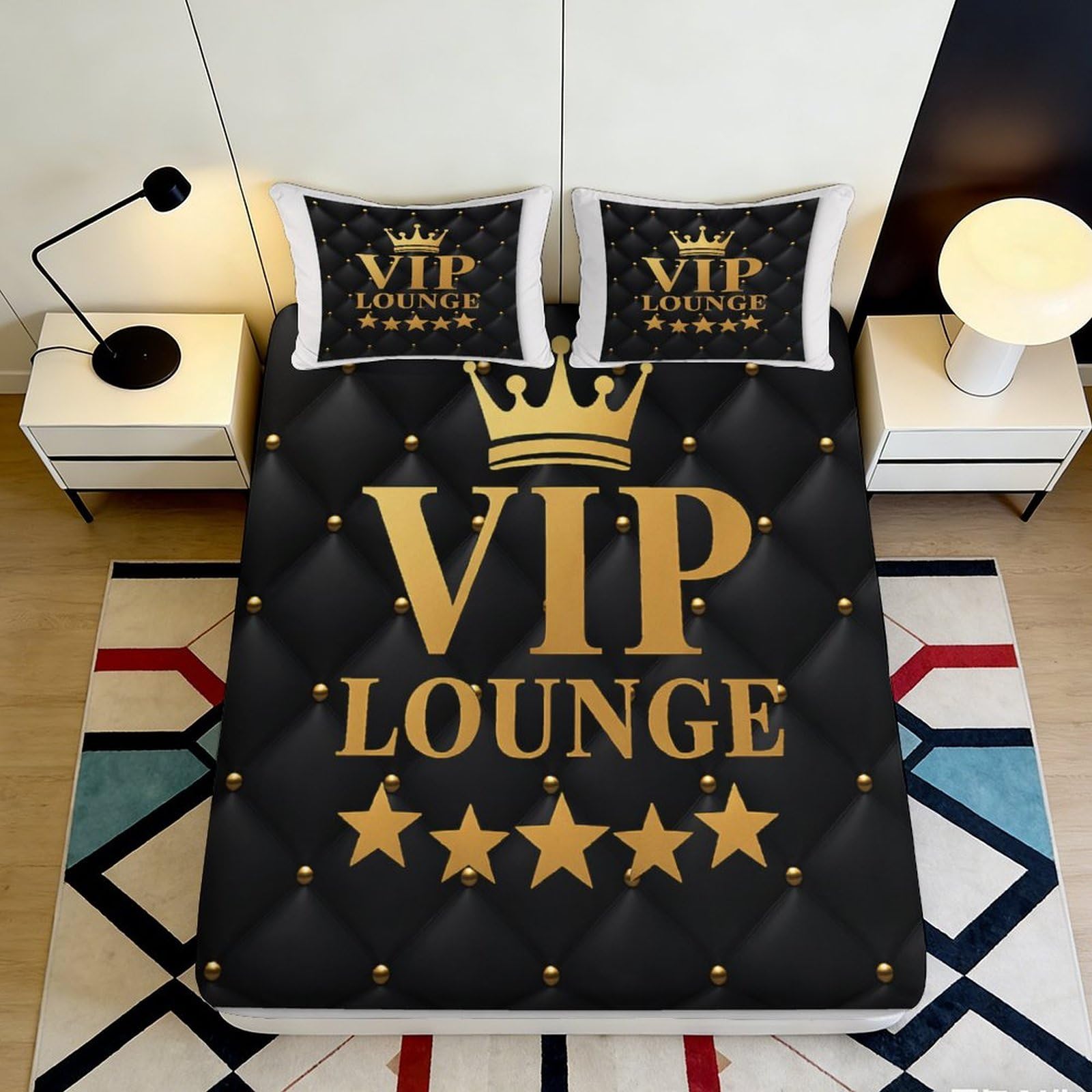 3D Printed VIP Lounge Fitted Sheet Microfiber Black Gold Crown Bed Cover for Adult Teen Bedroom Dorm Mattress Protection 90x200x25cm