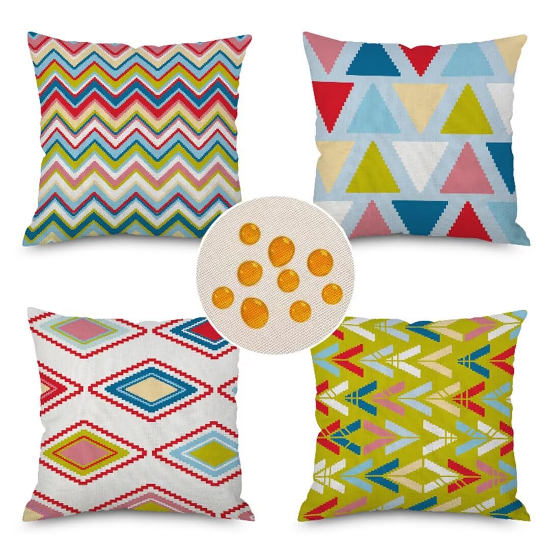 Juego de 4 Cojines Ondas Geométricas de Colores Fundas Cojines Exterior Impermeable 80x80cm Lino Almohada Decorativa, Grandes Funda de Cojin, para Sofás Silla Oficina Coche Fundas para Cojines D24