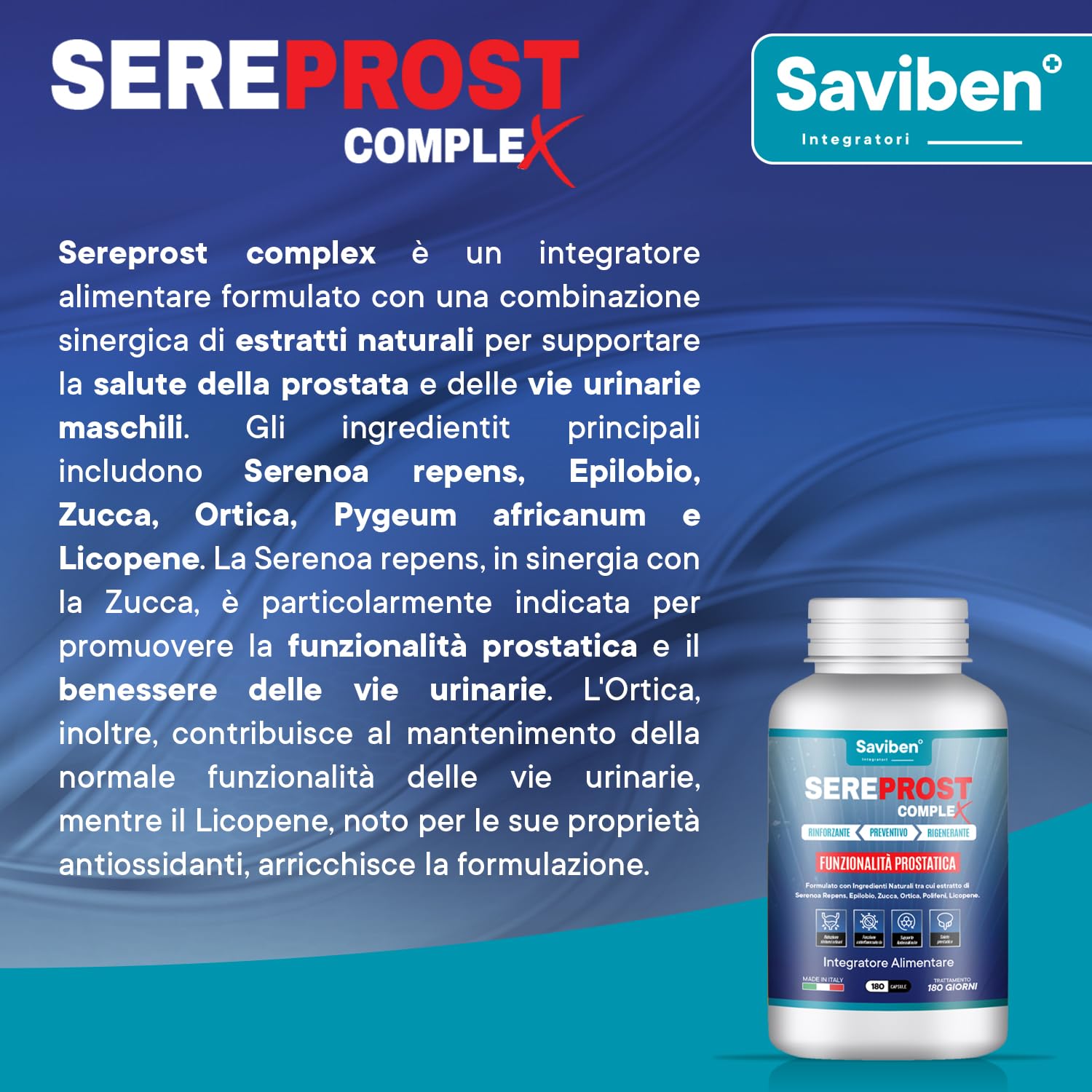 FORMULA COMPLETA - Serenoa Repens, Saw Palmetto, Prostata Integratore | Funzionalità Prostatica, Rinfozante, Preventivo, Rigenerante, con Licopene, Epilobio, Zucca, Ortica e Pygeum Africanum.