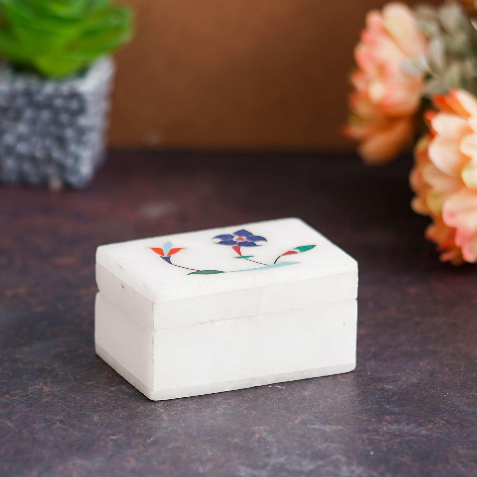 Diya Elegance Hub White Marble with floral inlay work Trinket Jewelry Box for Multi Purpose Use and Perfect Gifts for Women and Girls, Medium