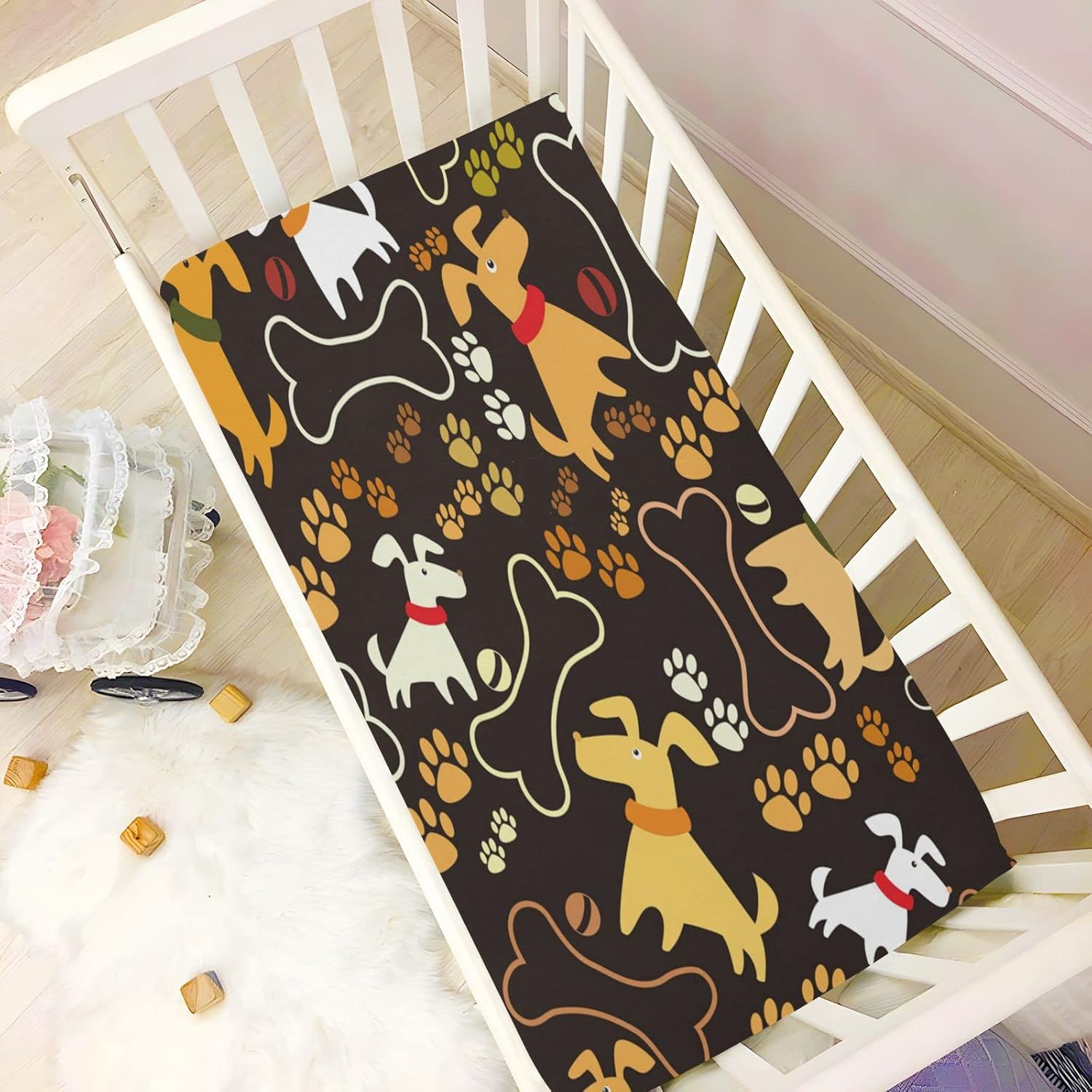 ATTX Fitted Crib Sheet Cute Cartoon Dog Paw Bone Baby Sheets for Standard Crib Toddler Mattress Cover, Soft Microfiber Breathable Mattress Cover,28" x 52" x 9"