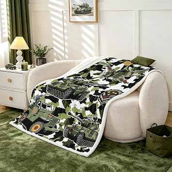 Tank Throw Blanket,Aircraft Camouflage Design Fleece Blanket War Theme Bed Blanket for Kids Child Teens Boys Man Soft Army Green Flannel Blanket, 40 x 50 Inches