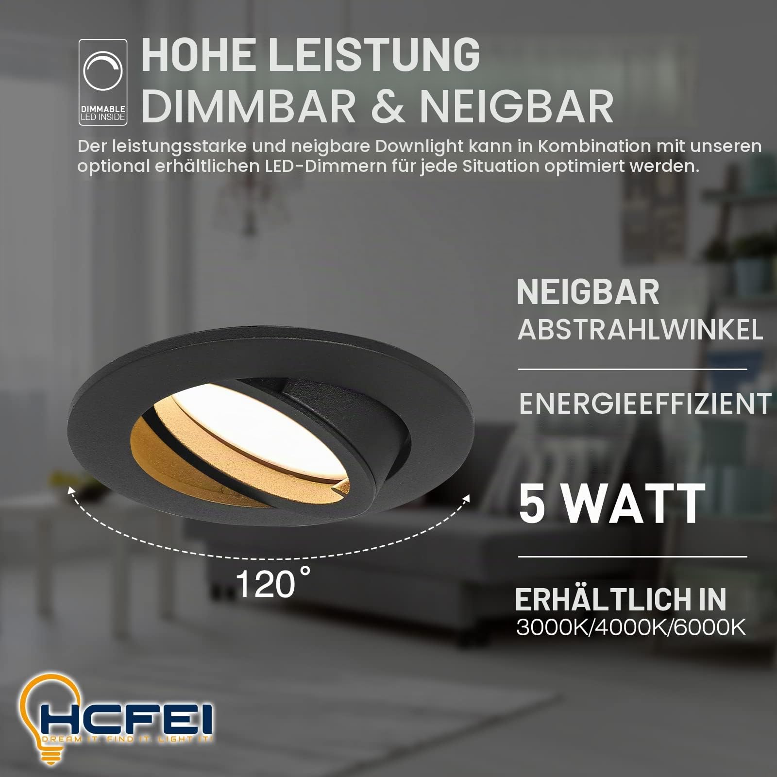 HCFEI LED Einbaustrahler dimmbar schwarz schwenkbar 5W flach 230V Einbau-Spot Strahler Einbauspot 68mm Bohrloch, 120°Abstrahlwinkel, Warmweiß 3000K (6er Pack)