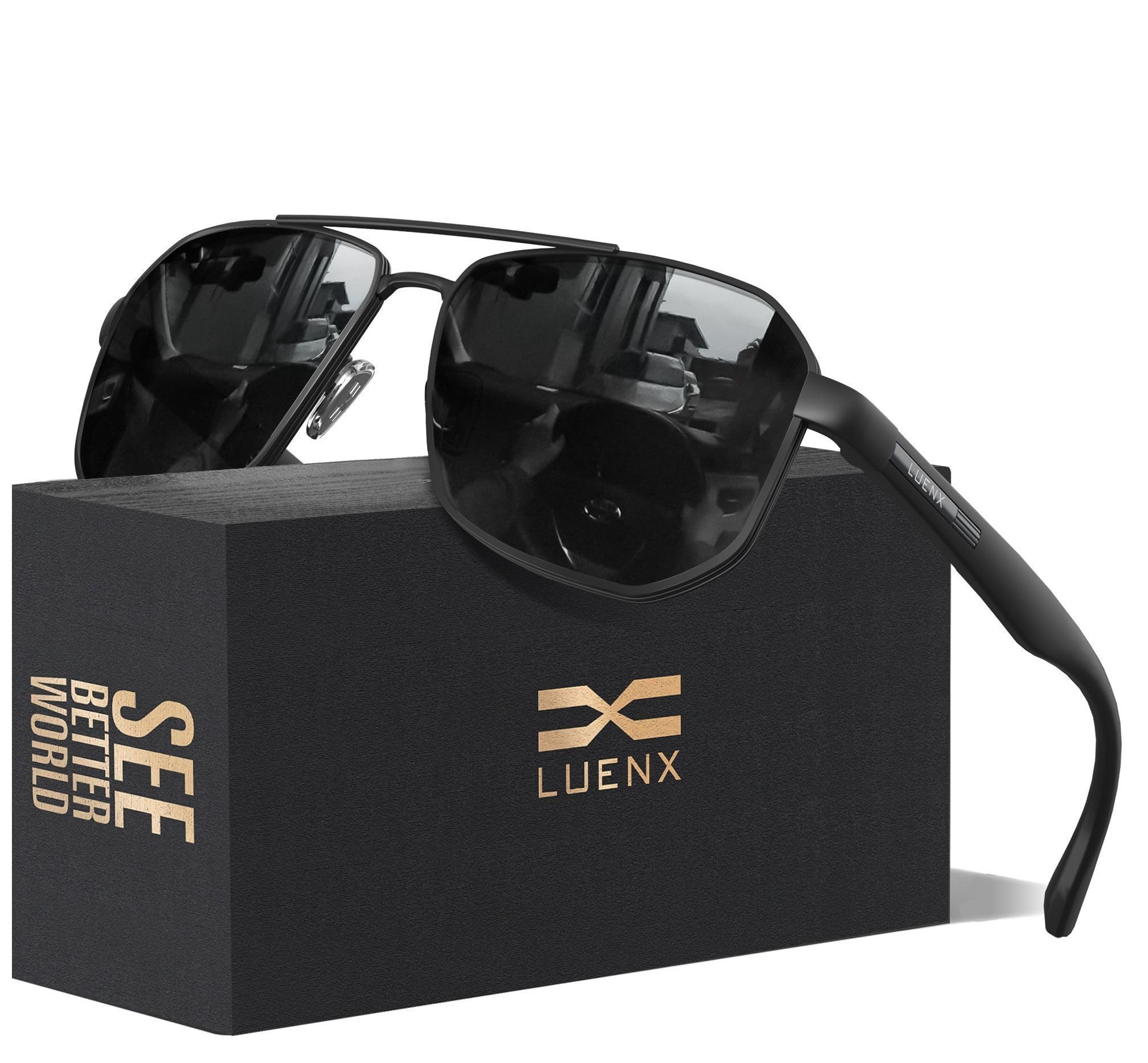LUENX Aviator Sunglasses for Men Square Polarized Polygon Lens - UV 400 Protection with Accessories