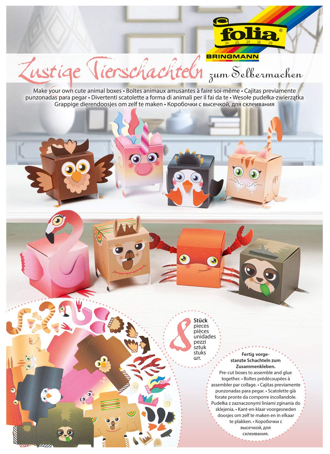 folia 21902 Fun DIY Animal Boxes Set II 8 Boxes in Assorted Designs Pre-Cut Ideal for Children Multi-Coloured