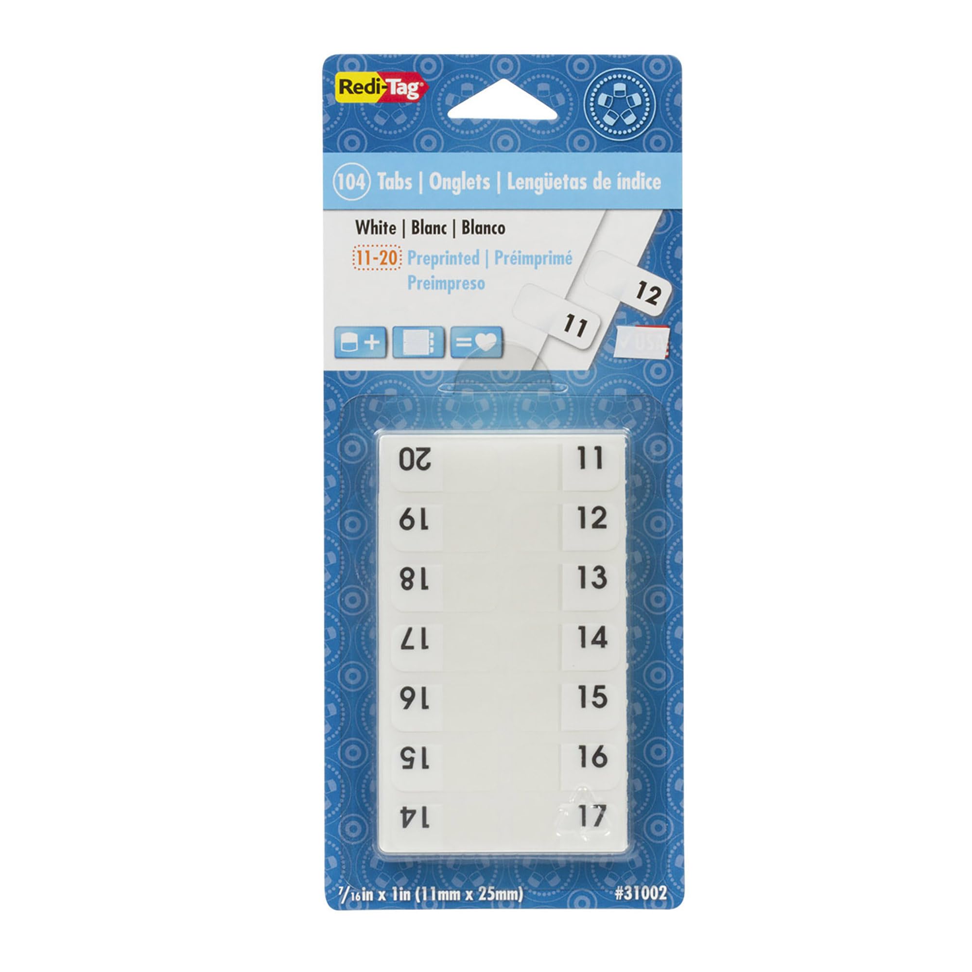 Redi-Tag Pre-Printed Index Tabs, 11 to 20, Permanent Adhesive, 7/16 x 1 Inches, 104 Tabs per Pack, White with Black Print (31002)