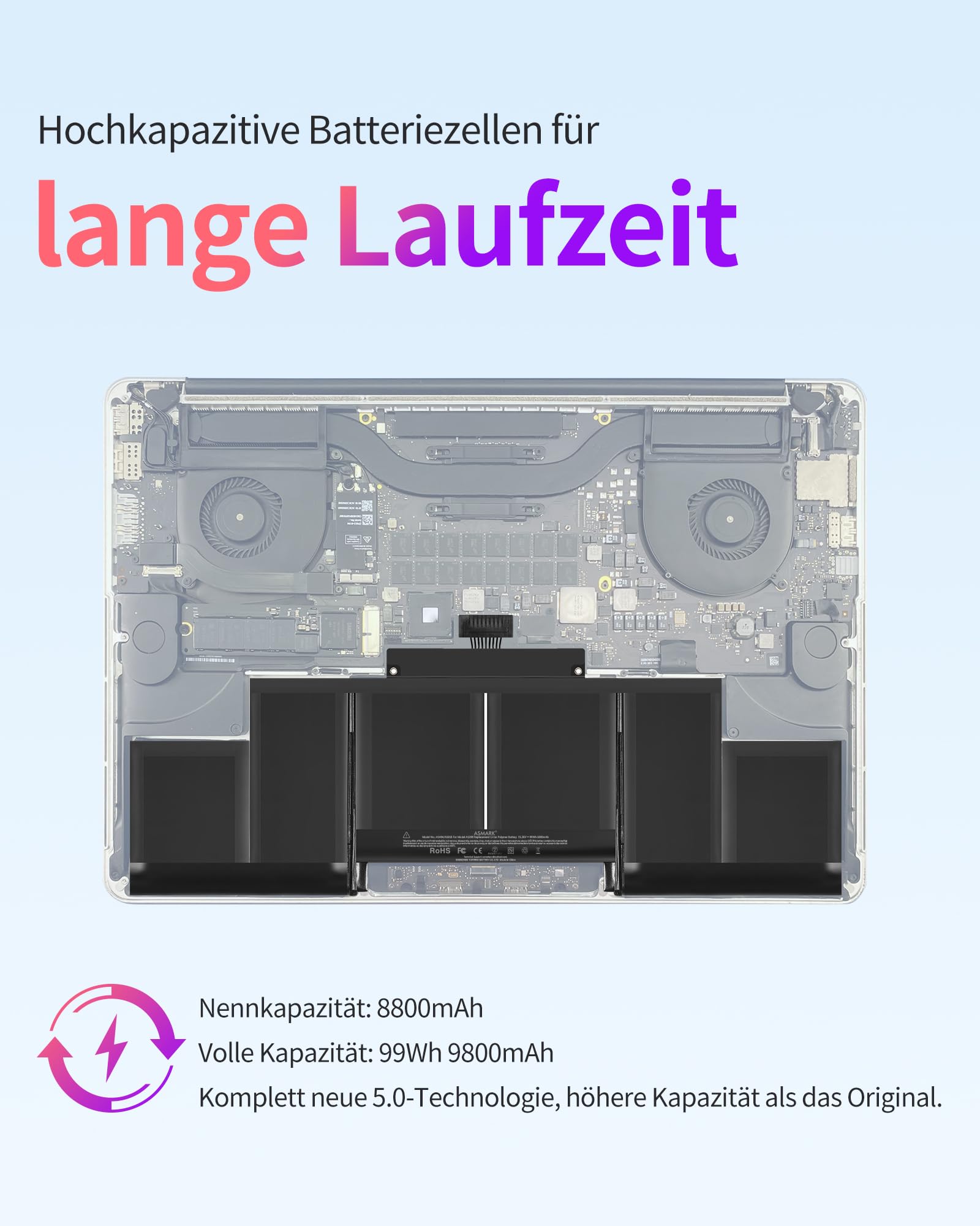 ASMARK MacBook Pro A1398 Akku für 15-Zoll (Mitte 2015, Mitte 2014, Ende 2013) Retina Batterie A1494/1618 Laptop Battery