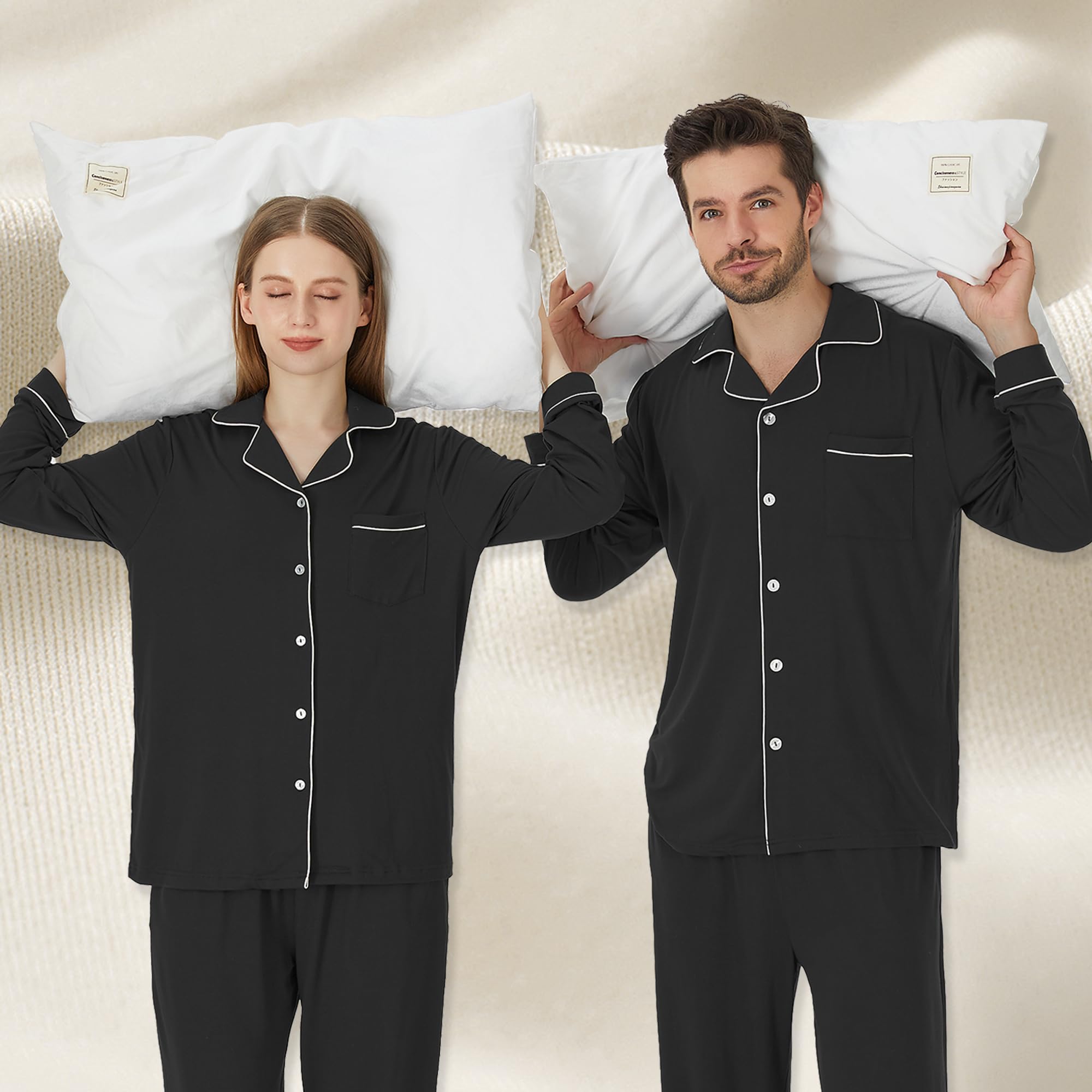 PJGGZ Pijamas a juego para parejas, conjunto de pijama con botones para hombres y mujeres, ropa de descanso suave y cálida