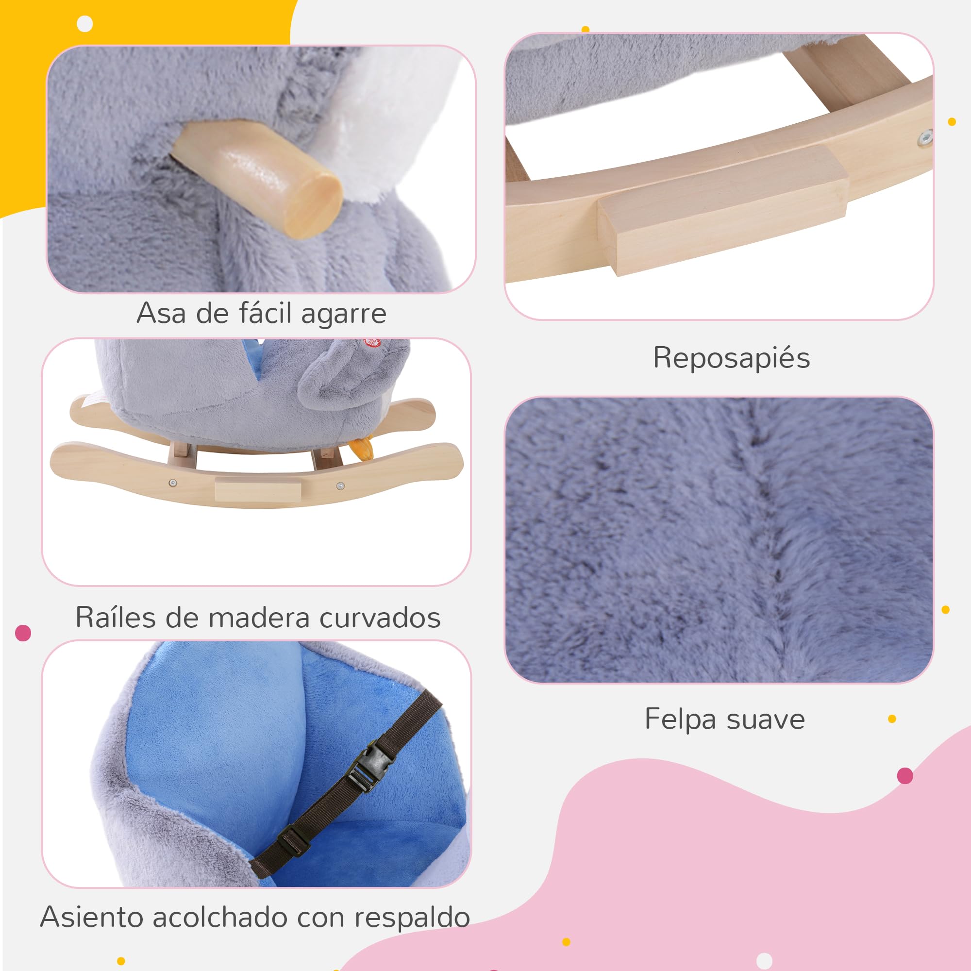 HOMCOM Caballito Balancín para Bebés de +18 Meses Forma de Pingüino Caballito Balancín de Madera con Asas Cinturón de Seguridad y Músicas Carga 40 kg 60x33x50 cm Gris