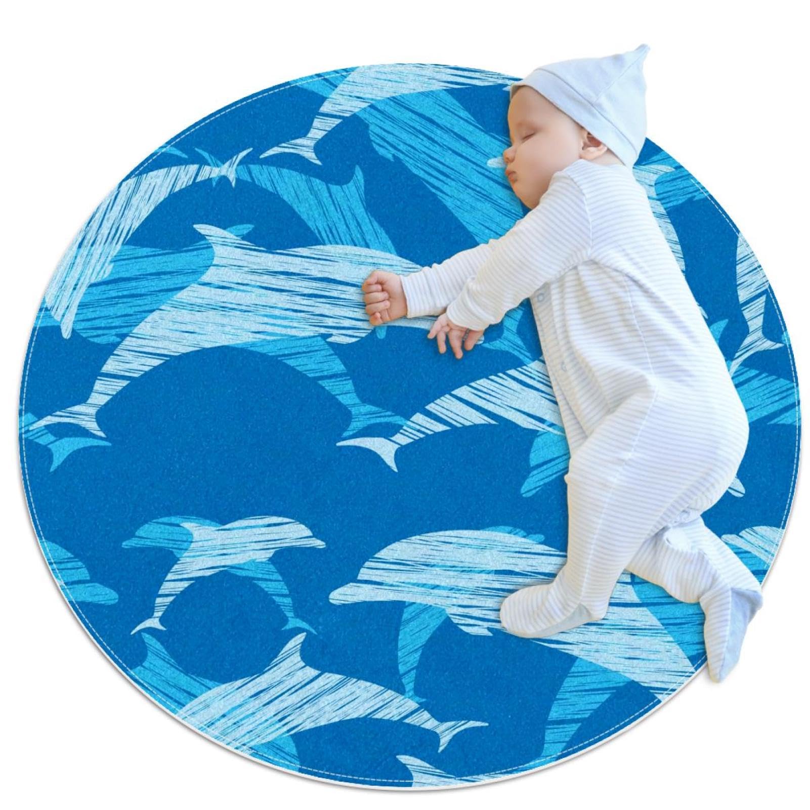 Tapis de salle de bain dauphin bleu rond 1m décoratif chambre et salon