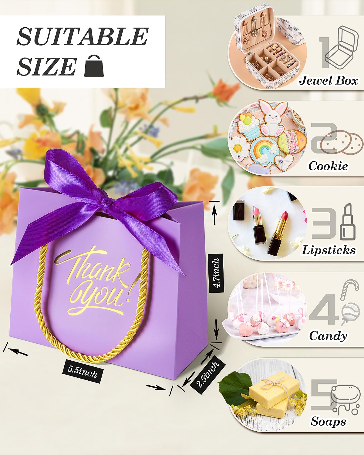 EQOREIIN 60 sztuk małych torebek na prezenty z podziękowaniami, z uchwytami, 14 x 6 x 11 cm, torby na prezenty z kokardką, papierowe torby na prezenty luzem, na baby shower, ślub, upominek na imprezę