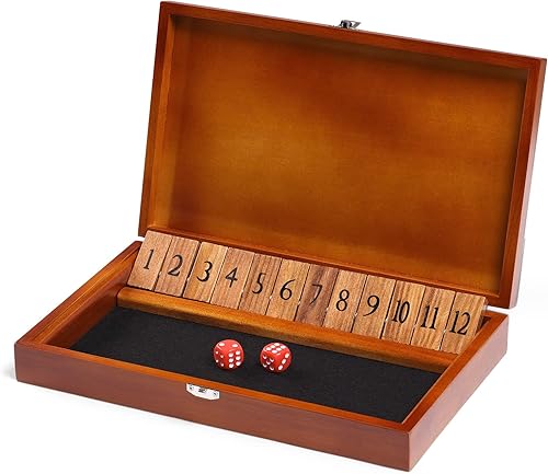 Miniatura 1 de Juego de dados Shut The Box con 12 números y tapa, juego de mesa clásico de madera con 4 dados, paquete de regalo y reglas de juego, juego de cierre