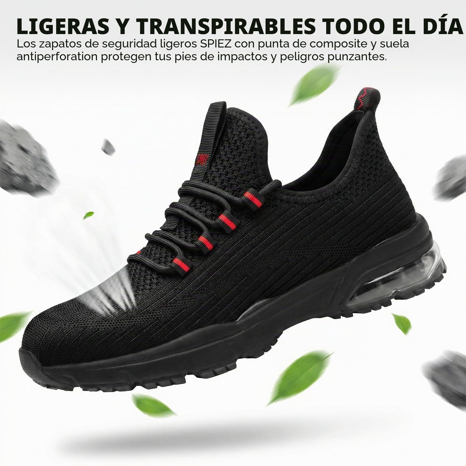 SPIEZ Zapatos de Seguridad para Hombre y Mujer, Zapatillas de Trabajo Ligeras con Puntera Composite, Antideslizantes y con Amortiguación de Aire, Negro/Rojo, EU 36-46