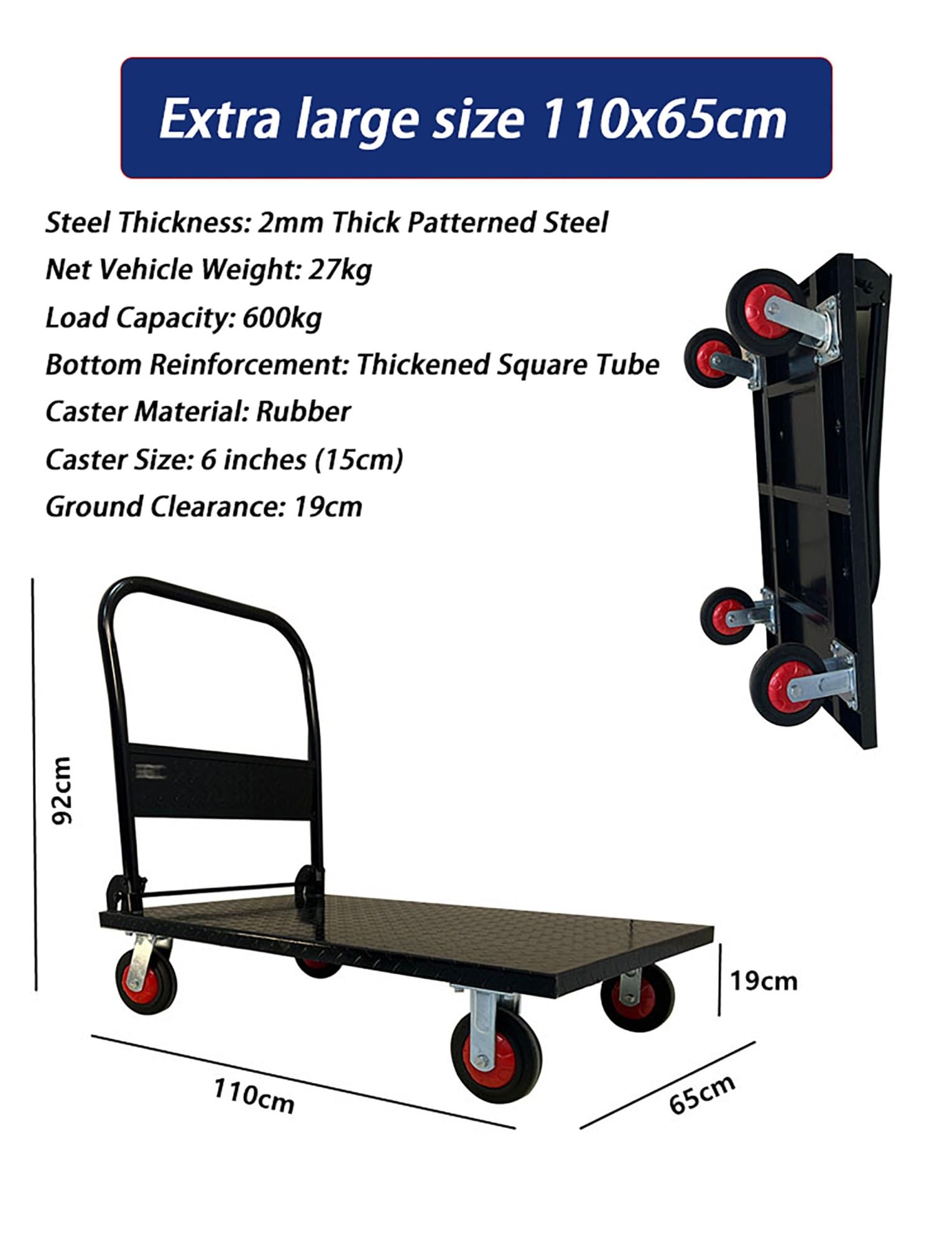 Chariot utilitaire industriel robuste avec plateau pliable – Diable en acier de 600 kg pour chargement, manutention de matériaux et atelier | Grand plateau antidérapant + roulettes de 15,2 cm