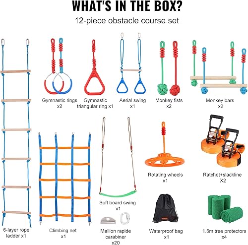 Miniatura 7 de VEVOR Carrera de obstáculos Ninja Warrior para niños, 2 x 65 pies resistentes a la intemperie, línea de mono de capacidad de peso de 500 libras,