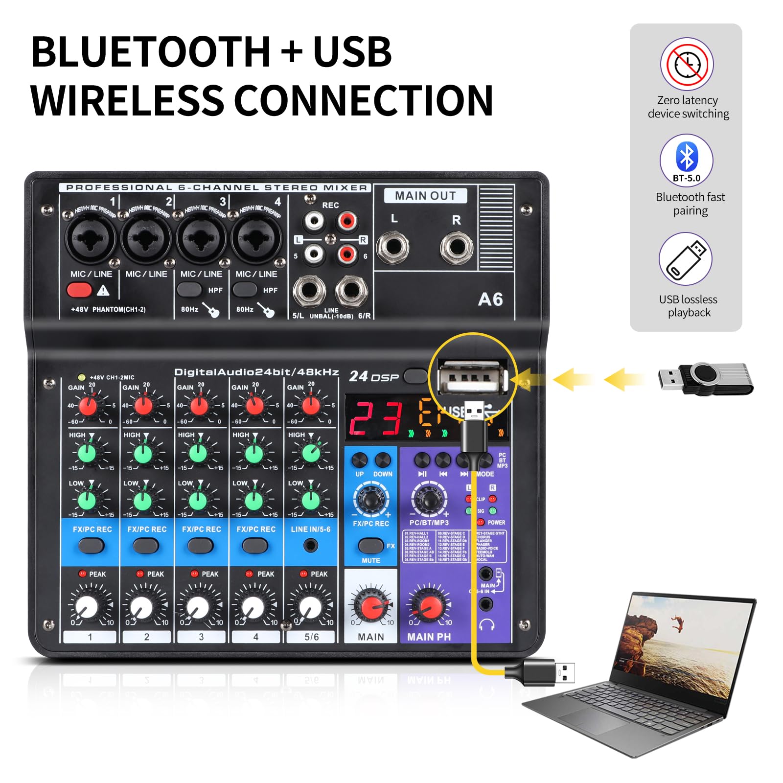 XTUGA A6 Table de Mixage Mixeur Audio 6 Canaux, Console de Mixage USB Avec Bluetooth et Alimentation Fantôme 48V, Fonction de Bouclage, Adapté Aux Spectacles, Réunions et Diffusions en Direct