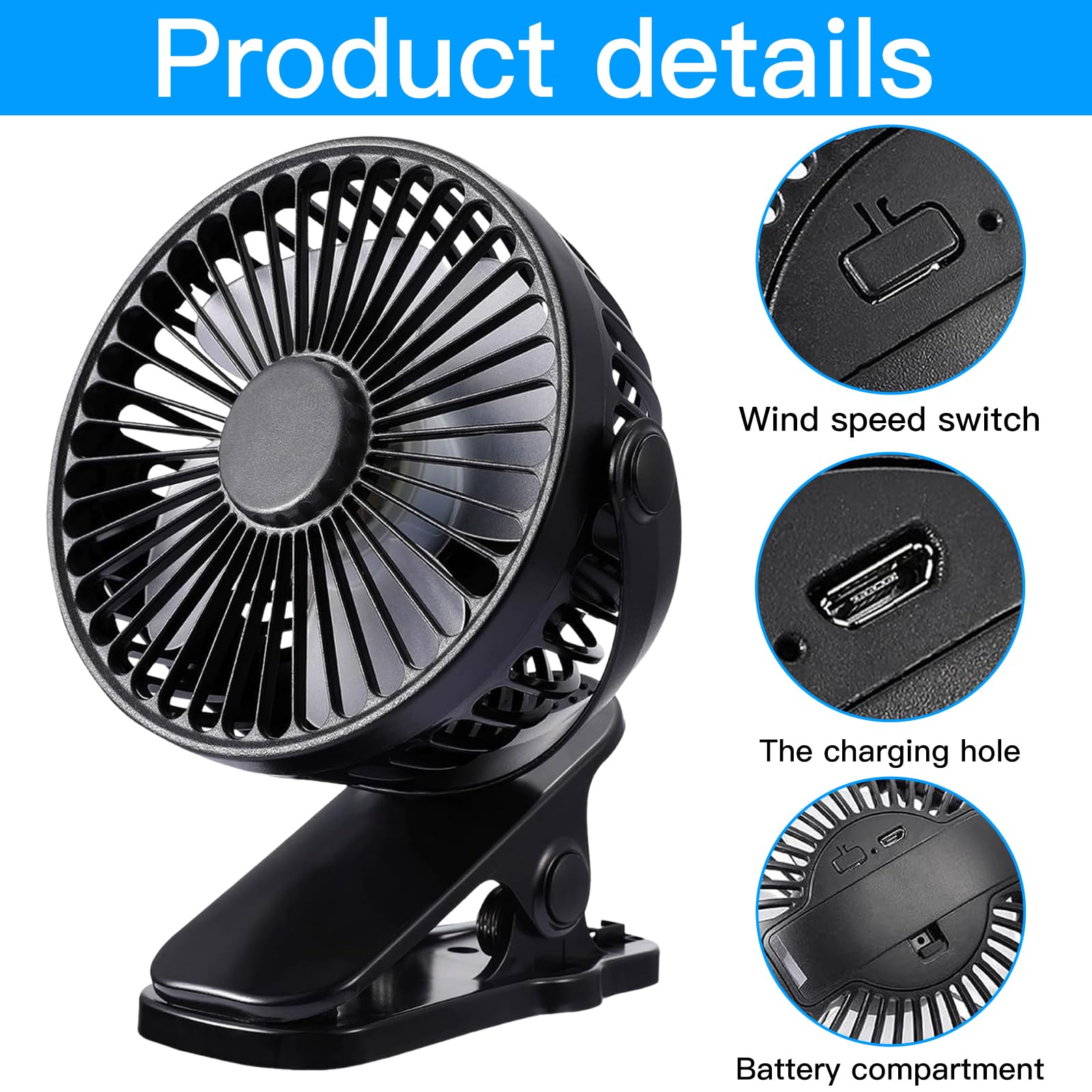 Binnan Mini Ventilateur Pince USB Rechargeable – 3 Vitesses, 720° Rotation, Silencieux Pour Bureau & Camping