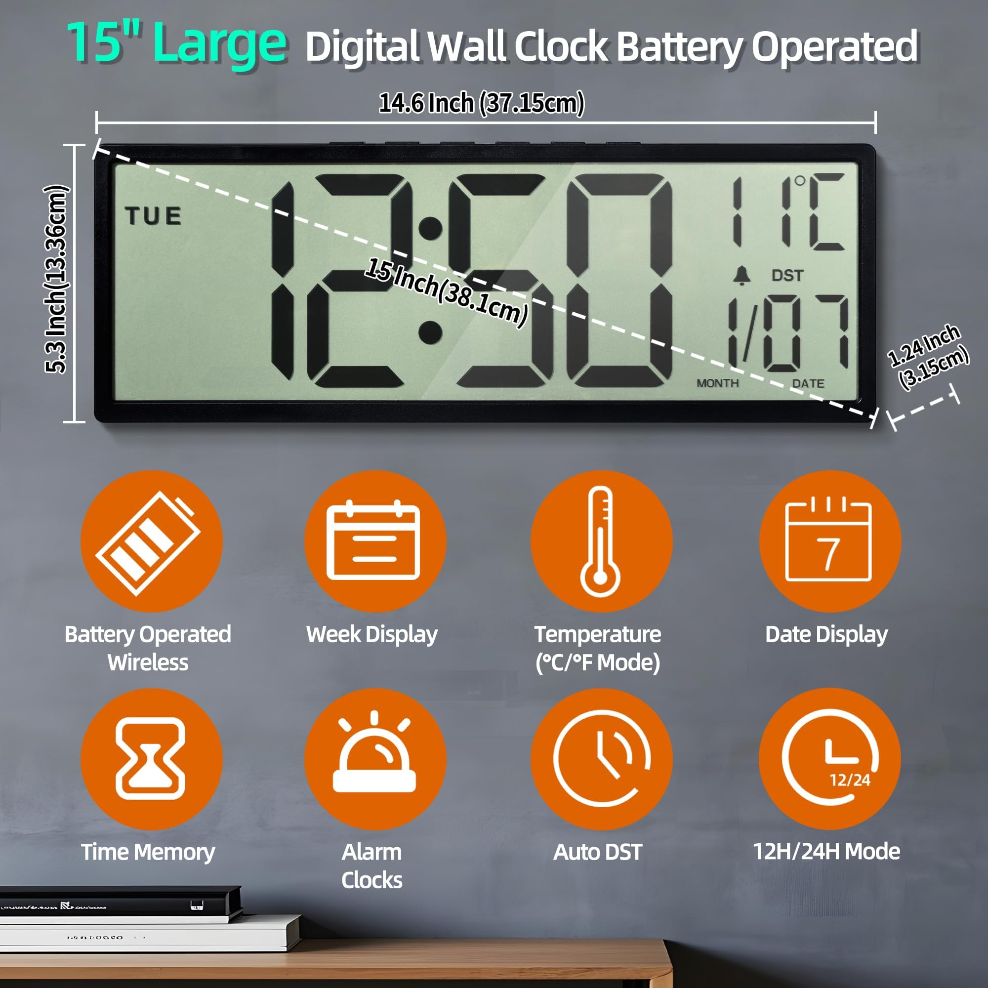 Orologio Da Parete Digitale, 15" Orologio Digitale Da Parete Grande Con Data E Giorno Della Settimana, Temperatura, Cambio Automatico Dell'Ora Legale, 12/24 Ore, Allarme, Funzione Snooze