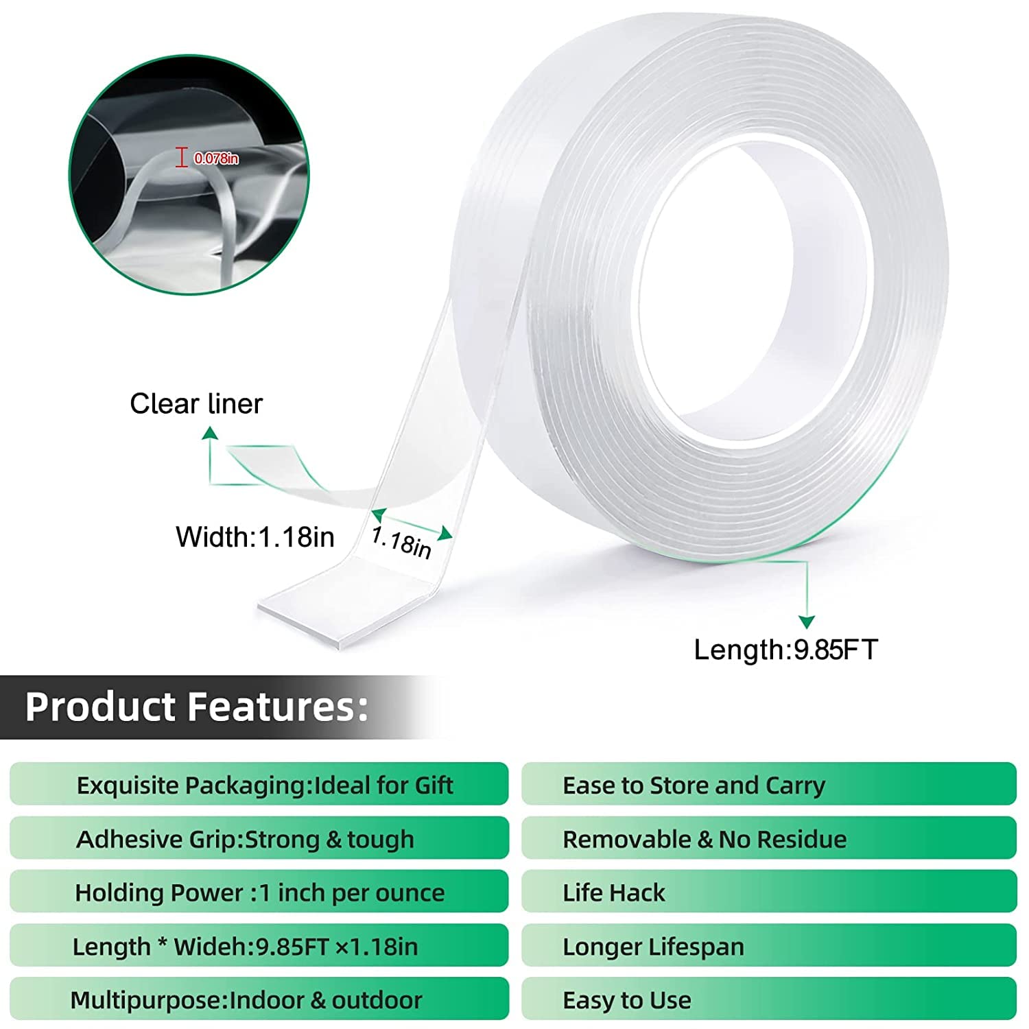 R RUNILEX Double Sided Tape Heavy Duty Multipurpose Removable Traceless Mounting Adhesive Tape For Walls Two Side Sticky Washable Reusable Strong Sticky Strips Grip Tape (3 M) (1) 4