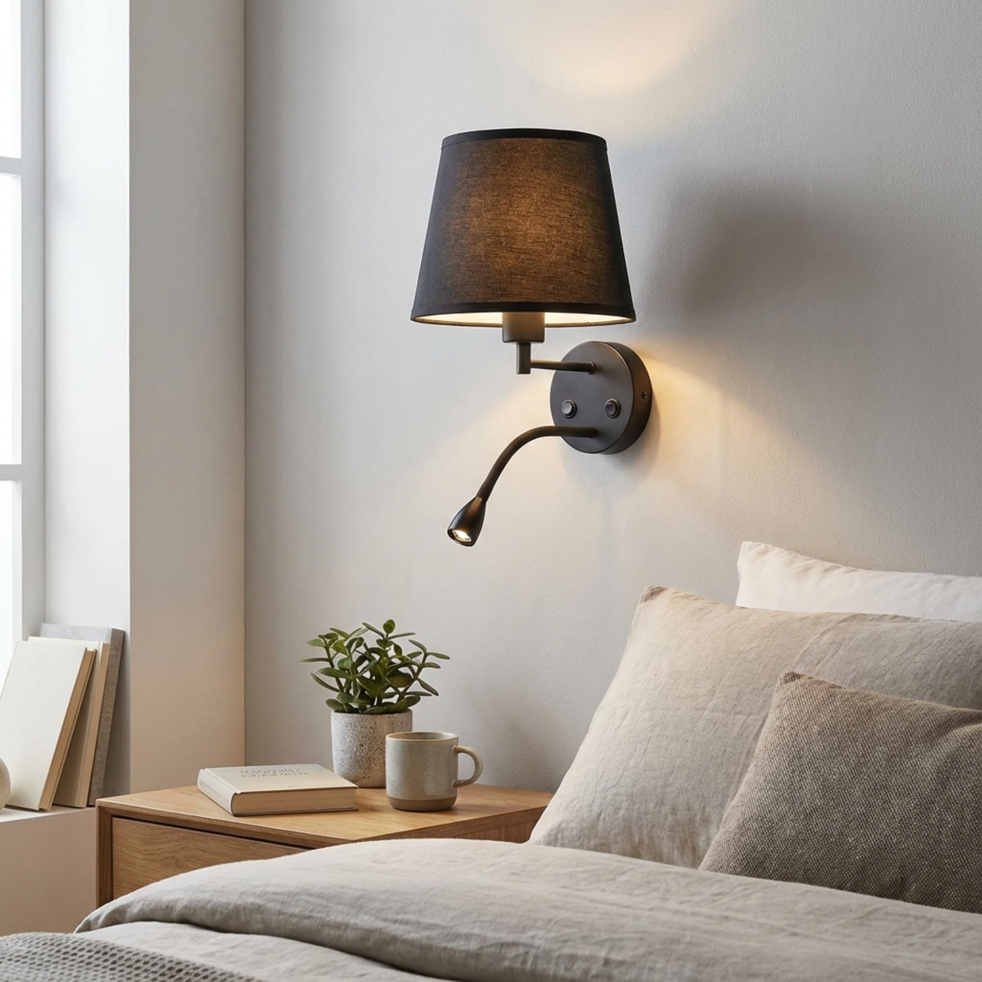 BarcelonaLED lampa ścienna LED E27 z Flexo lampka do czytania wychylna, elastyczna 3 W, tekstylny przełącznik do sypialni, zagłówka, łóżka, salonu