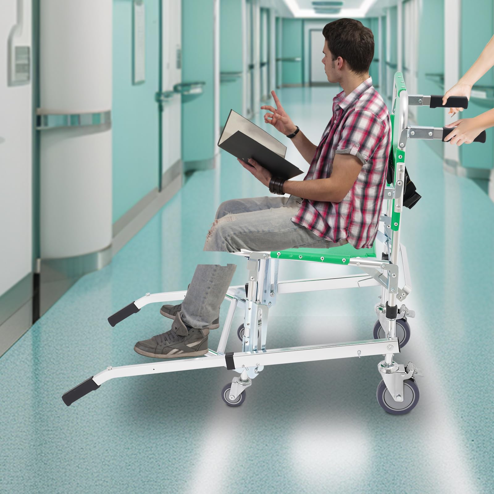Sollevamento per scale pieghevole, portata 350 lbs, sedia a rotelle pieghevole in alluminio con 4 ruote, maniglie regolabili, per soccorso, trasporto pazienti, anziani e disabili