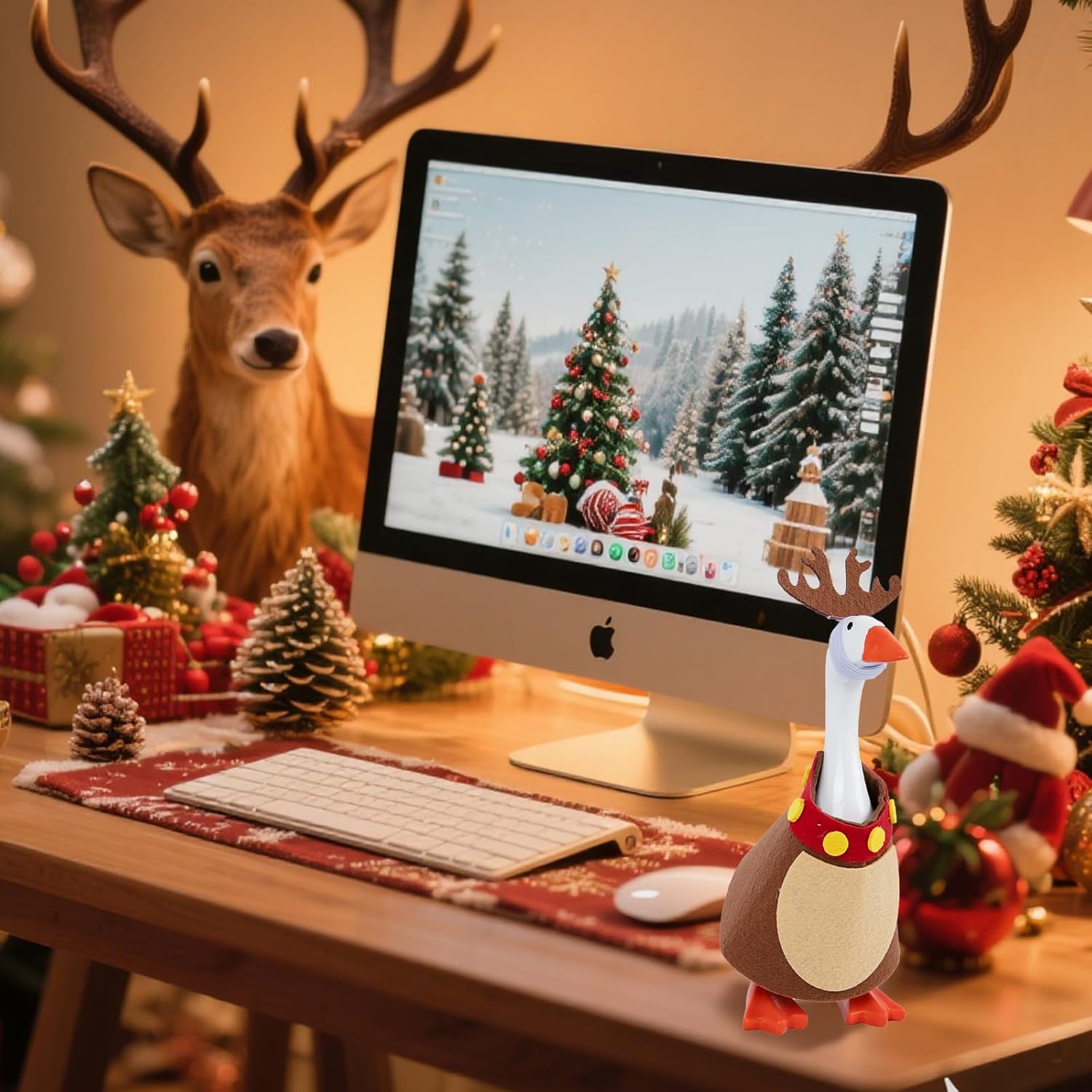 Desk Goose Christmas Outfit 7 Inch Mini Goose Outfits with Mini Headwear Felt Clothing for Desk Geese Duck Statue(Elk Design)