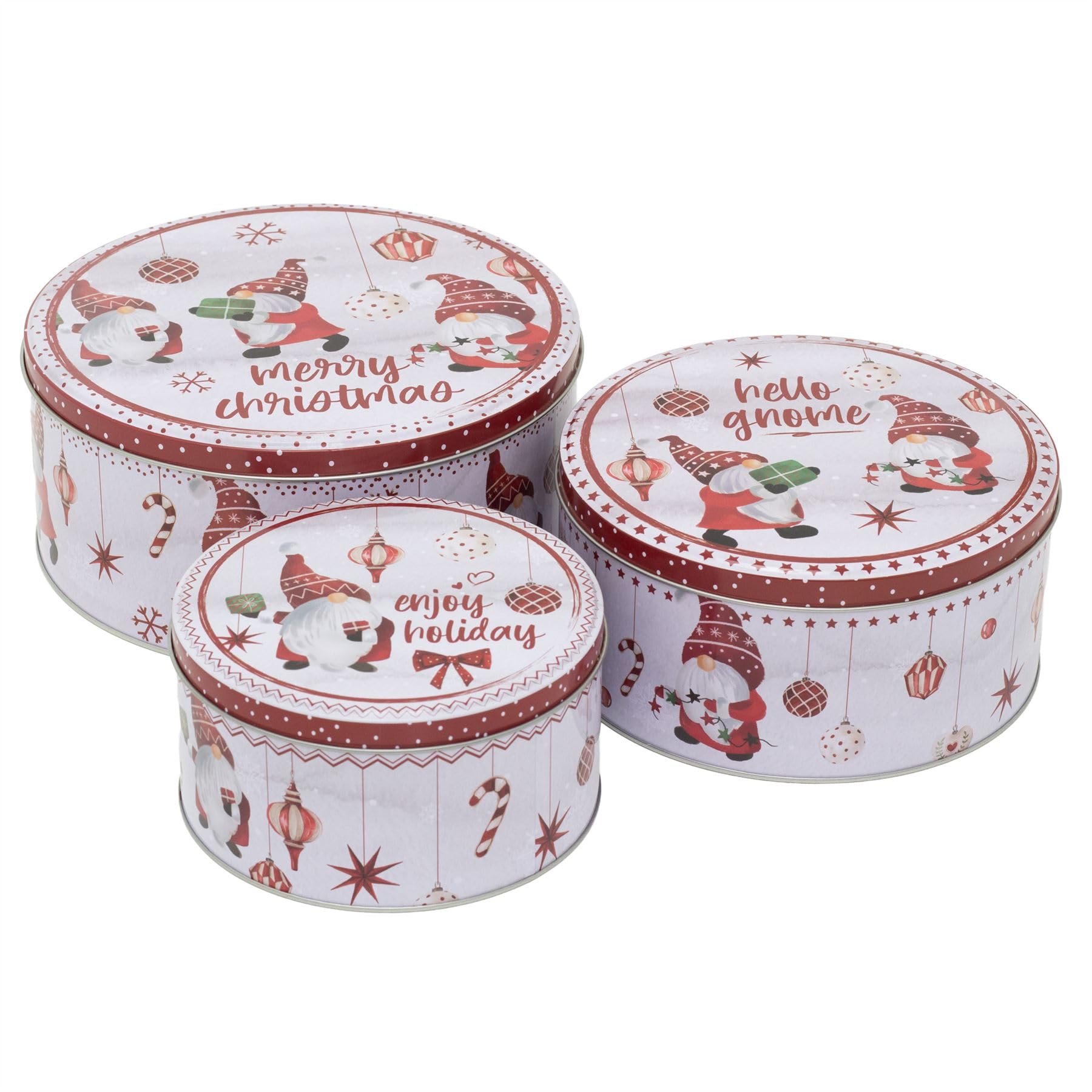 Carousel Home Multicoloured Set Of 3 Gonk Christmas Storage Tins | Triple Festive Gnome Round Nesting Tins | Fairy Cake Biscuit Cookie Muffin Treat Storage Set