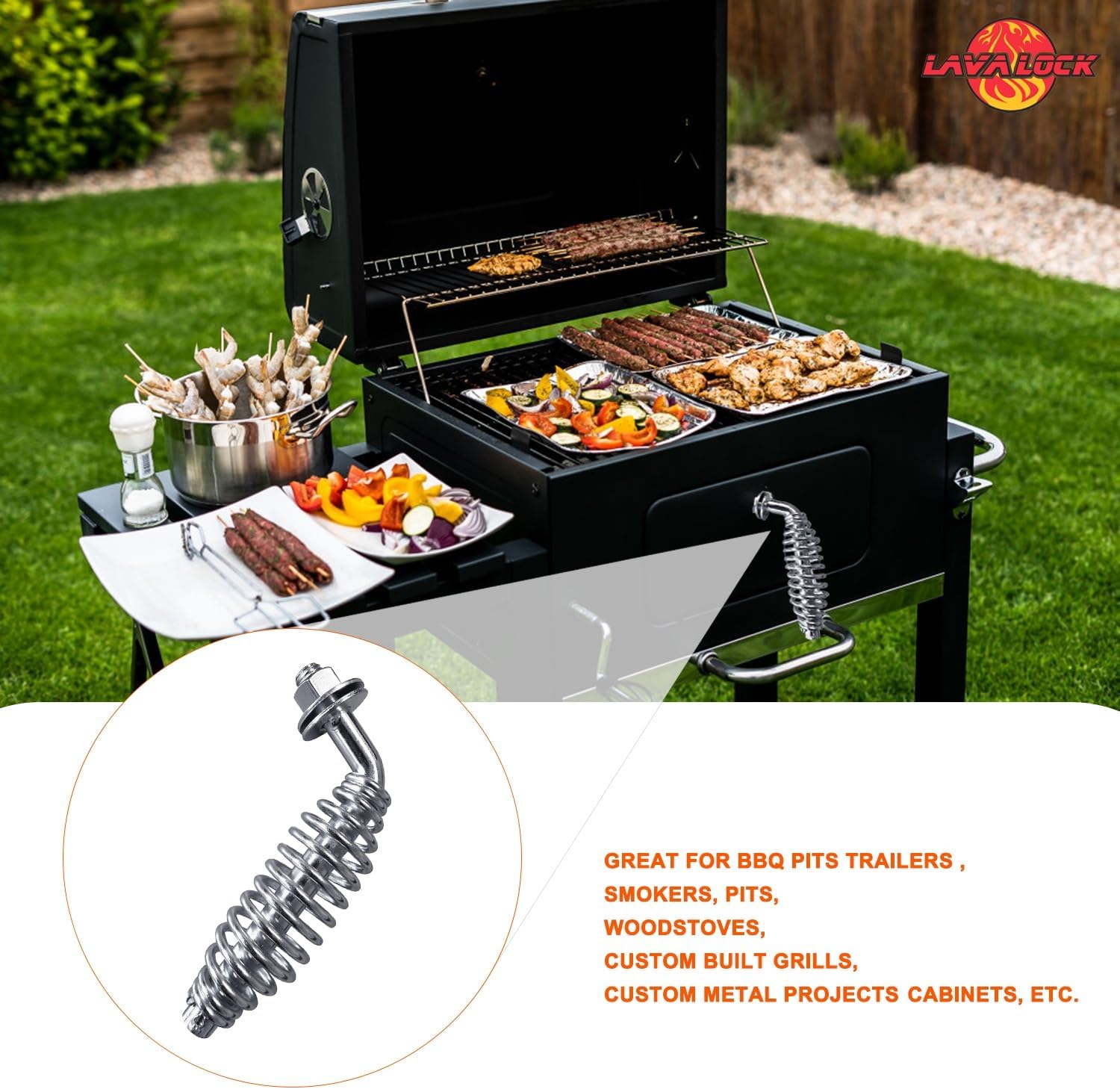 LavaLock 45 Degree Spring Handle with 1/2 inch Rod for BBQ Smokers, Fireplace, Wood Stove, Grill Accessories (Stainless Steel No Latch)