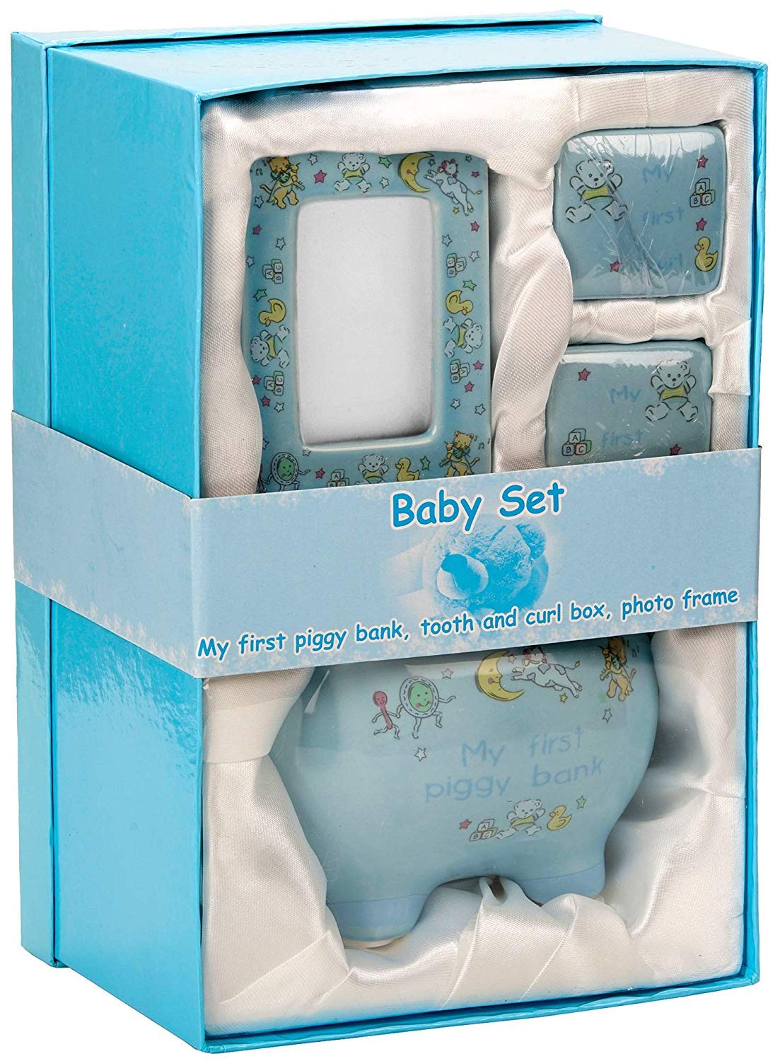 BRUBAKER Mein erstes Sparschwein - Geschenkset für erstes Spargeld, Milchzähne, Haare inkl. Bilderrahmen - Baby Geschenk für Taufe und Geburt - Blau - Englisch
