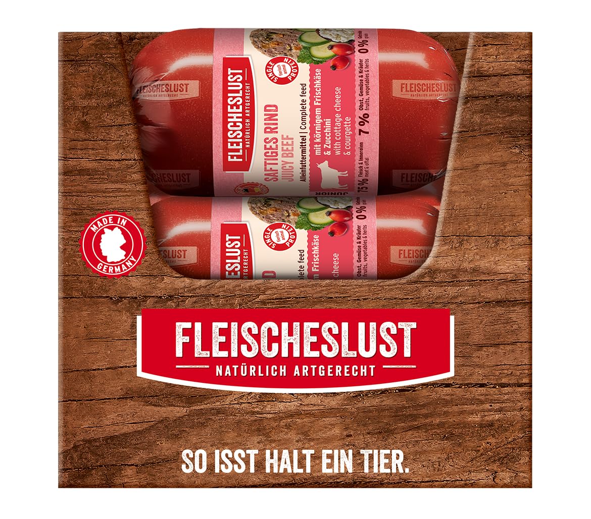Fleischeslust Saucisse pour chien Junior - Bœuf juteux avec fromage frais en grains et courgettes (15 x 200 g) - Nourriture humide résistante aux coupures et sans céréales - Nourriture pour chiens