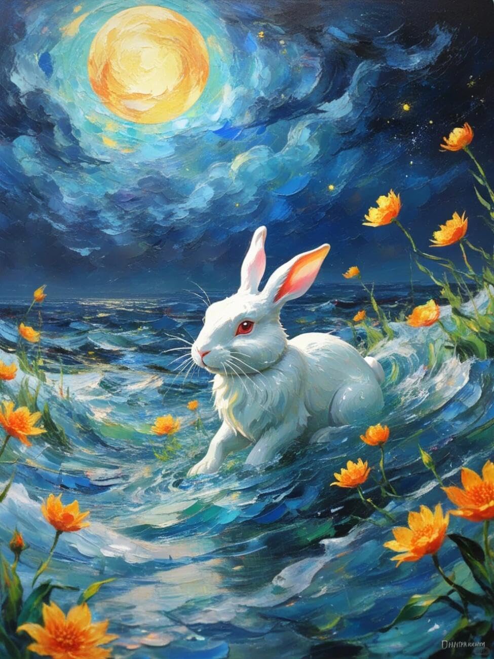 Henypt Stamped Cross Stitch Kits Rabbit Oil Painting Animal DIY Needlepoint Set for Beginners The Elderly with Accessories Living Room/Bedroom Wall Hangings 14CT 40x50cm