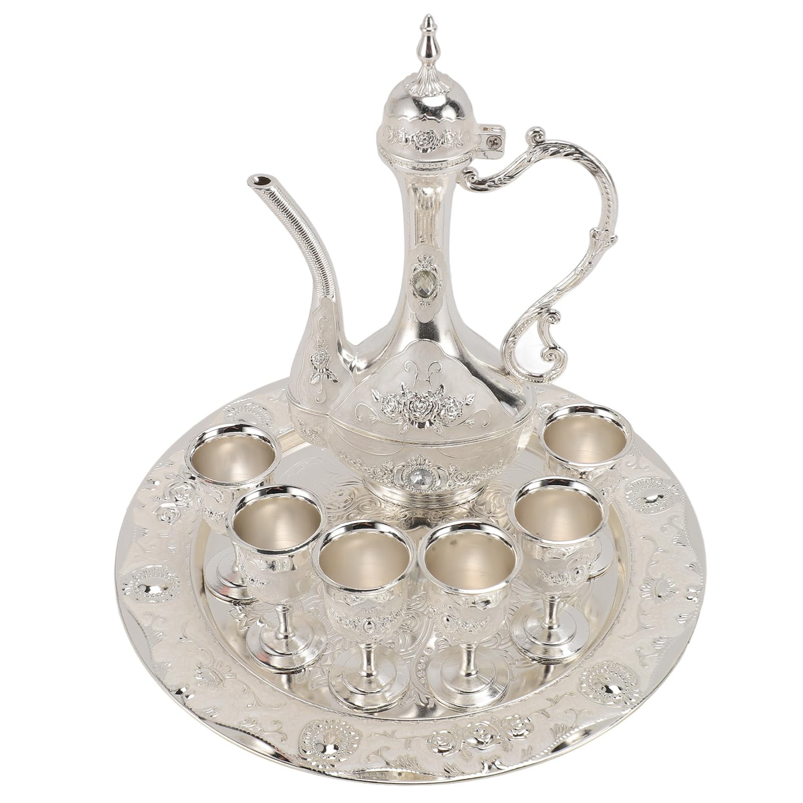 Juego De Tetera Vintage, Juego De Cafetera Vintage Juego De Té Vintage Con 6 Tazas De Café Y Bandeja De Té Juego De Té De Aleación De Zinc Rosa Roja Chapado En Oro Para Fiesta En Casa(Plata)