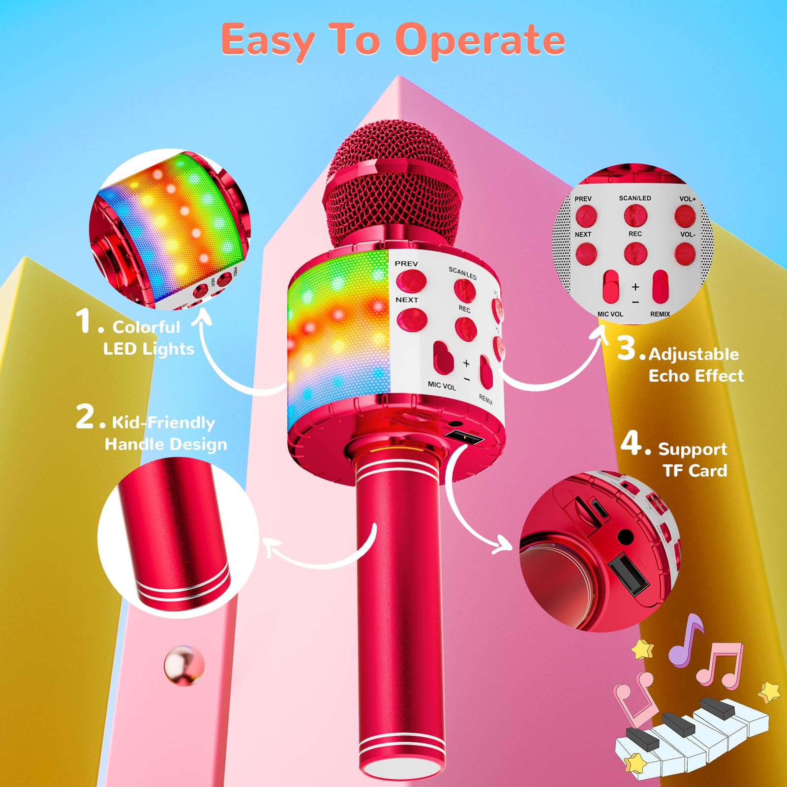 Ankuka Microfono Karaoke Bluetooth Wireless Microfono Bambini Regalo per Bambini 3-12 Anni Microfono Giocattolo Cambia Voce, Compatibile con Android, iOS, PC Rosso