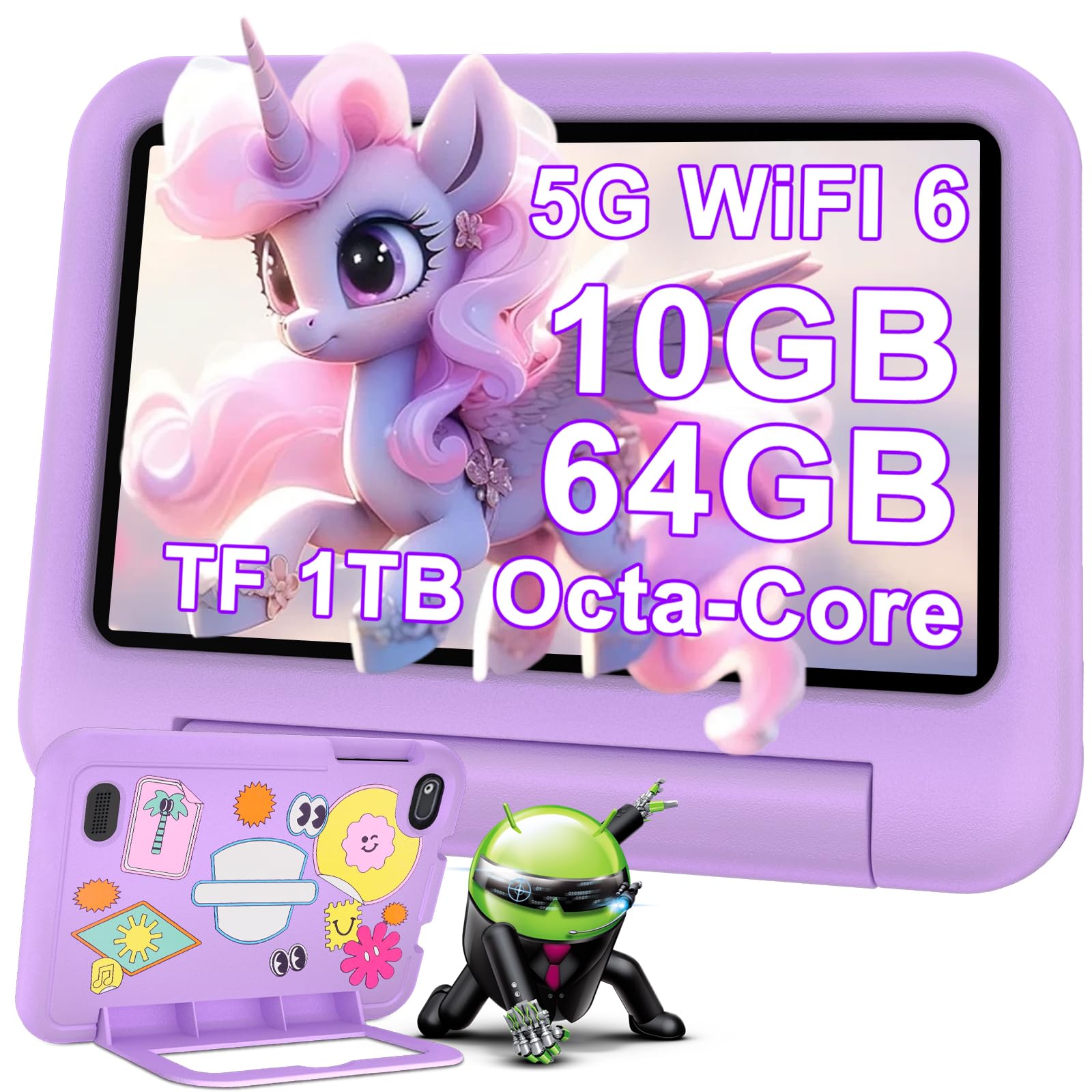 Tablet per Bambini Andorid 14 Tablets 7 Pollici 10GB RAM + 64GB ROM (TF 1TB), 5G WiFi 6, BT5.0, Octa-Core, Controllo Parentale | Doppia Fotocamera | GMS Certificated | GPS | Tablet con Custodia -Viola