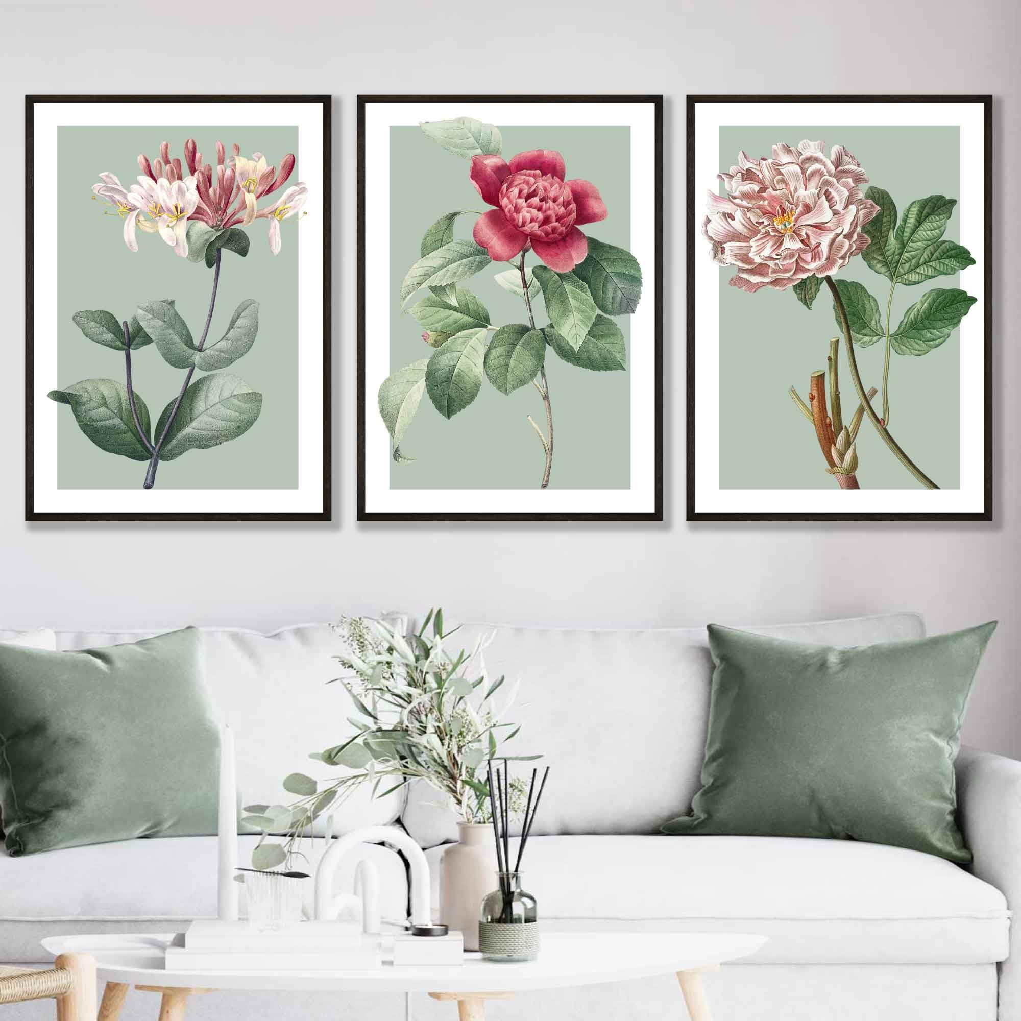 ARTZE Vintage Flowers Honeysuckle Peony Sage Green Art Poster Set of 3 - W42cm x H59cm