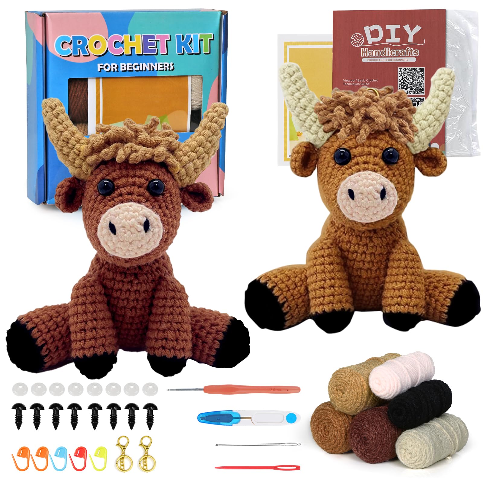 DEMIUKO Crochet Kit for Beginners, Complete Highland Cows Crochet Animals Kit Knitting Starter Kits Include Yarn Hook Needles Step-by-Step Video Tutorials for Adults Kids Christmas Birthday Gift Set — image 1