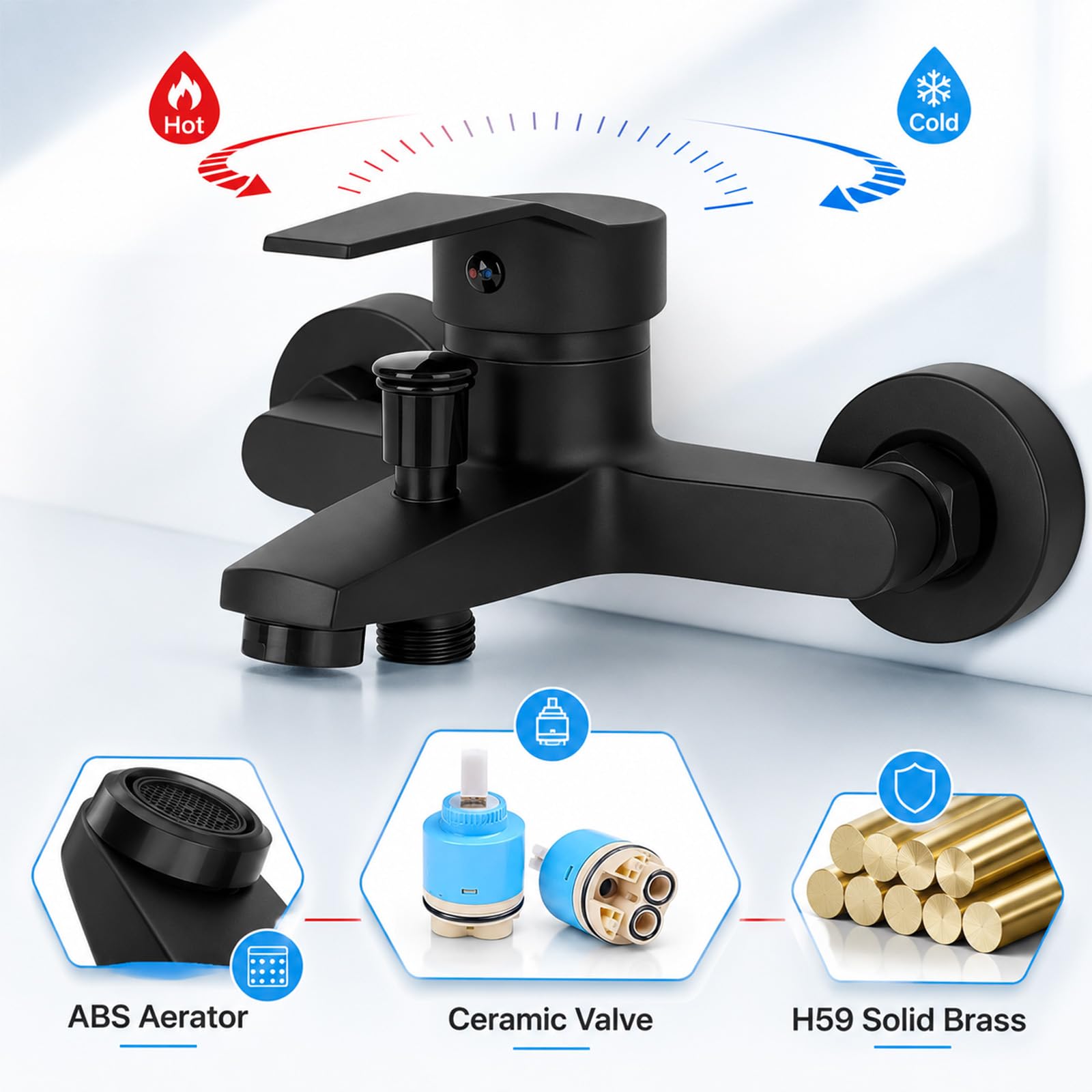XTDMJ Mitigeur de douche, mitigeur monocommande en saillie | Robinet de douche chromé avec bec G ½, robinet de douche avec noyau en céramique (noir)
