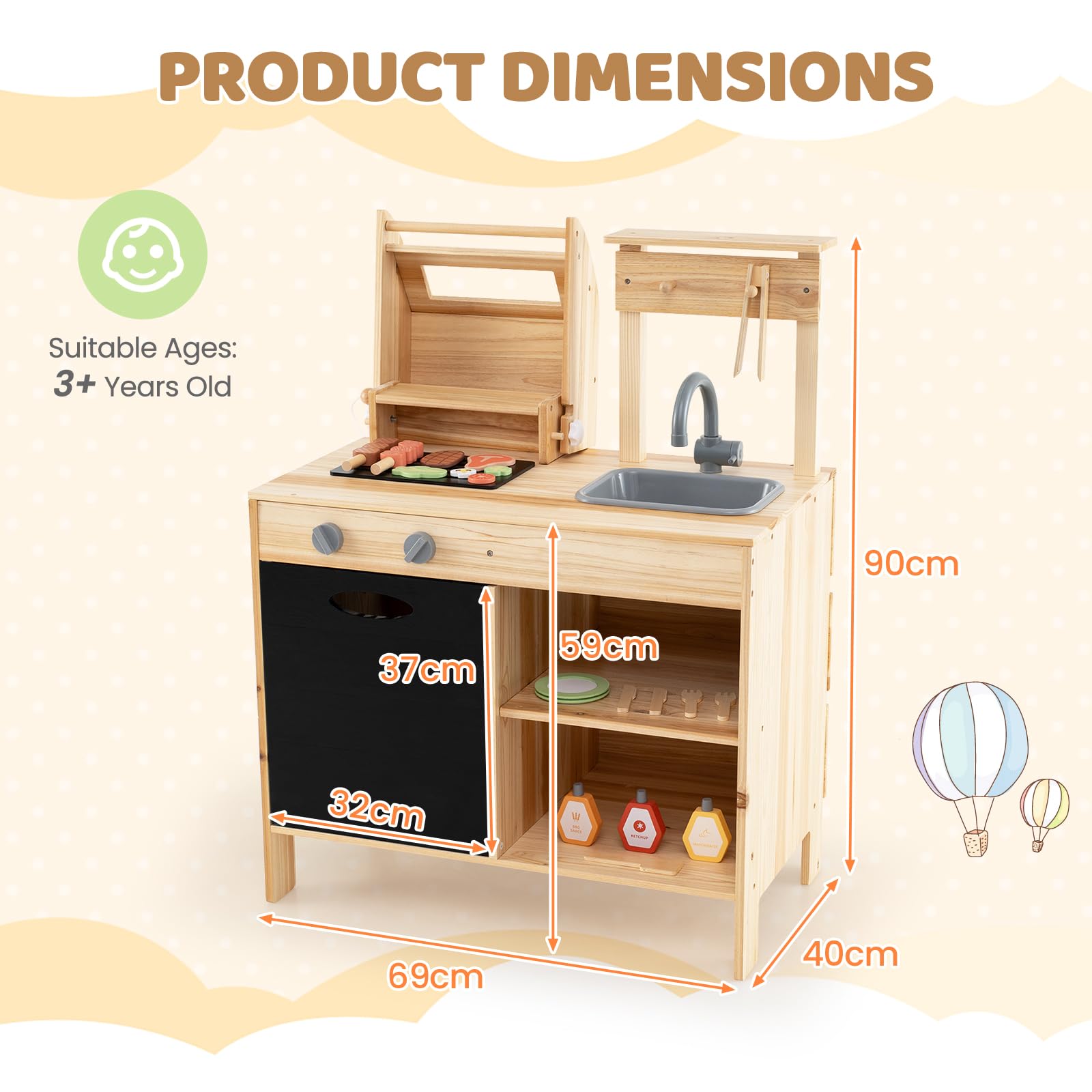 HOMASIS Matschküche Kinder Outdoor, Kinderküche mit BBQ-Grill Tafel Waschbecken Spüle, Spielküche mit 27 Zubehör, Spielzeugküche aus Tannenholz, Gartenküche Outdoorküche für Kinder ab 3 Jahren, Natur