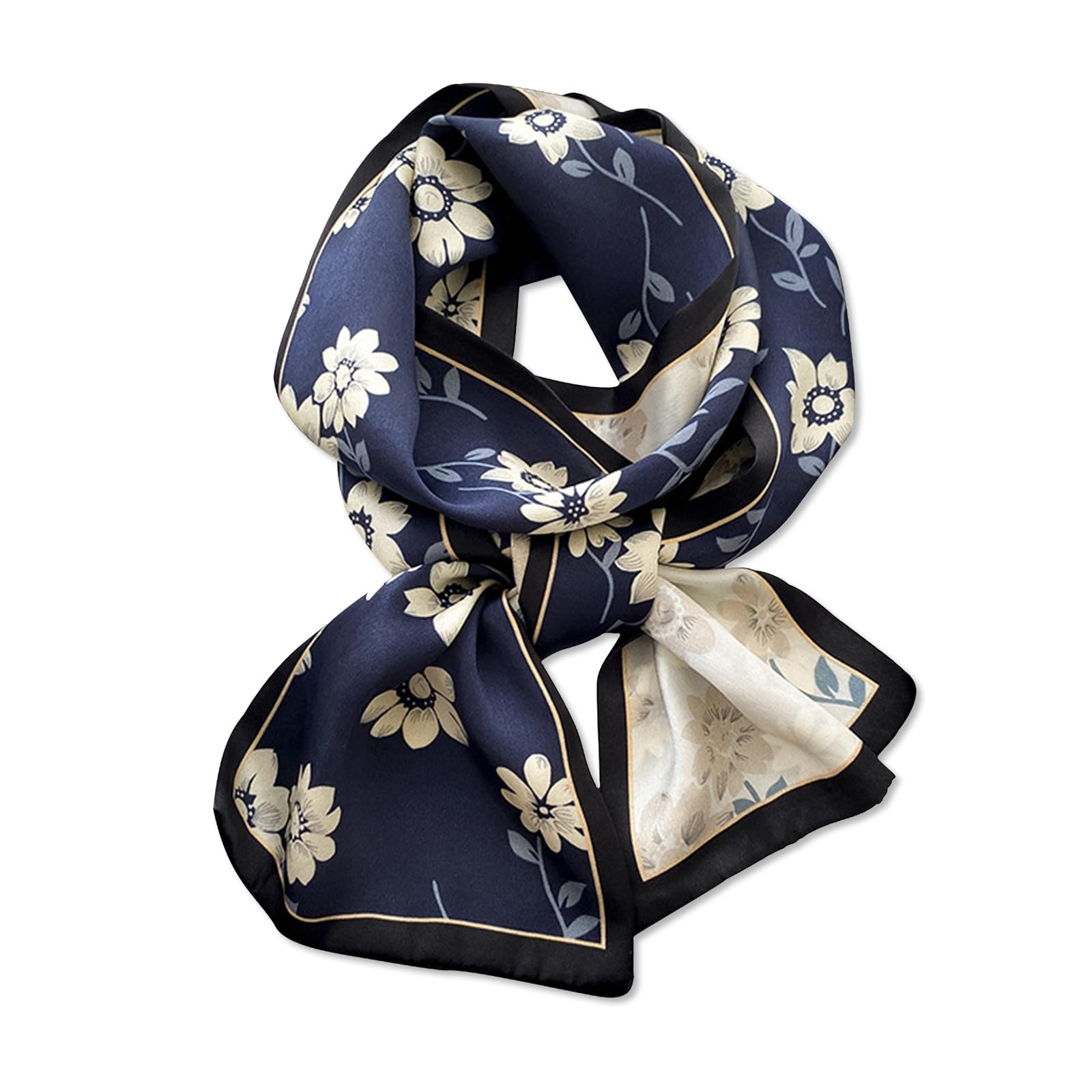 Lumisyne Women's Navy Blue Flowers Skinny Silk Scarf Flower Leaf Printed Colored Painting Pattern Satin Silk Narrow Long Neckerchief Lightweight Scarves Decorative Headdress Hairband Hair Scarf