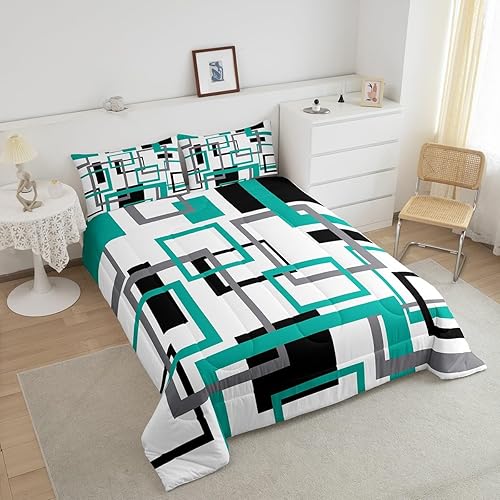 Miniatura 3 de Erosebridal Juego de edredón cuadrado para adolescentes y jóvenes, juego de ropa de cama negro, blanco y azul, juego de colcha geométrica,