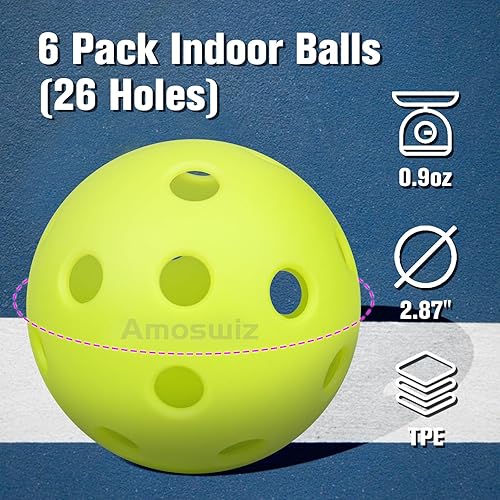 Miniatura 2 de Bolas de pickleball para interiores, paquete de 6 bolas de pickleball de 26 agujeros, juego de bolas de pickleball para interiores, bolas de