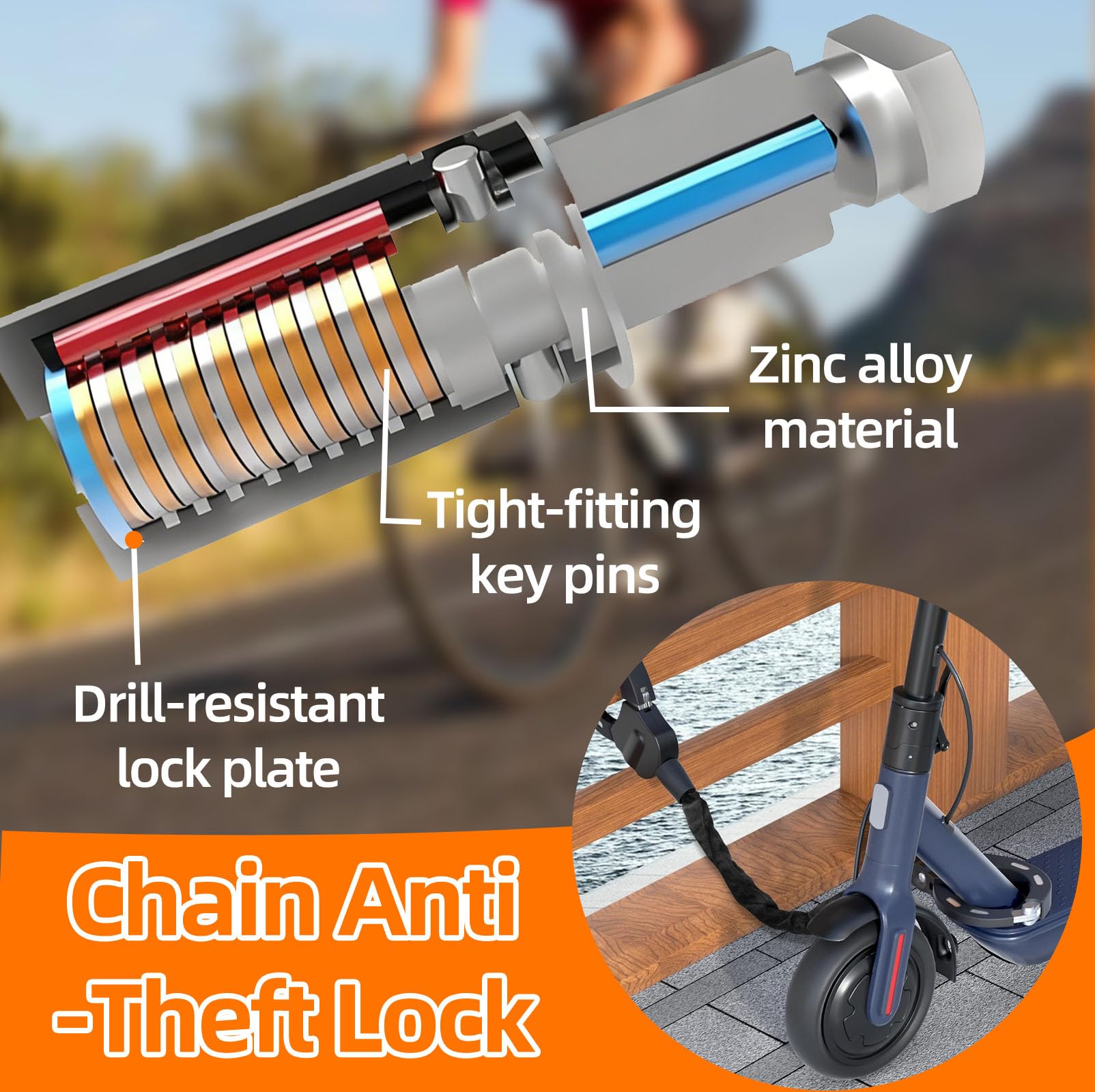 Candado Patinete Electrico con 3 Llaves, Bloqueo Antirrobo Eléctricas 90cm, Cadena Esposas Resistente Grosor 8mm, Accesorios Bici Seguridad para Scooters, Bicicletas & Moto