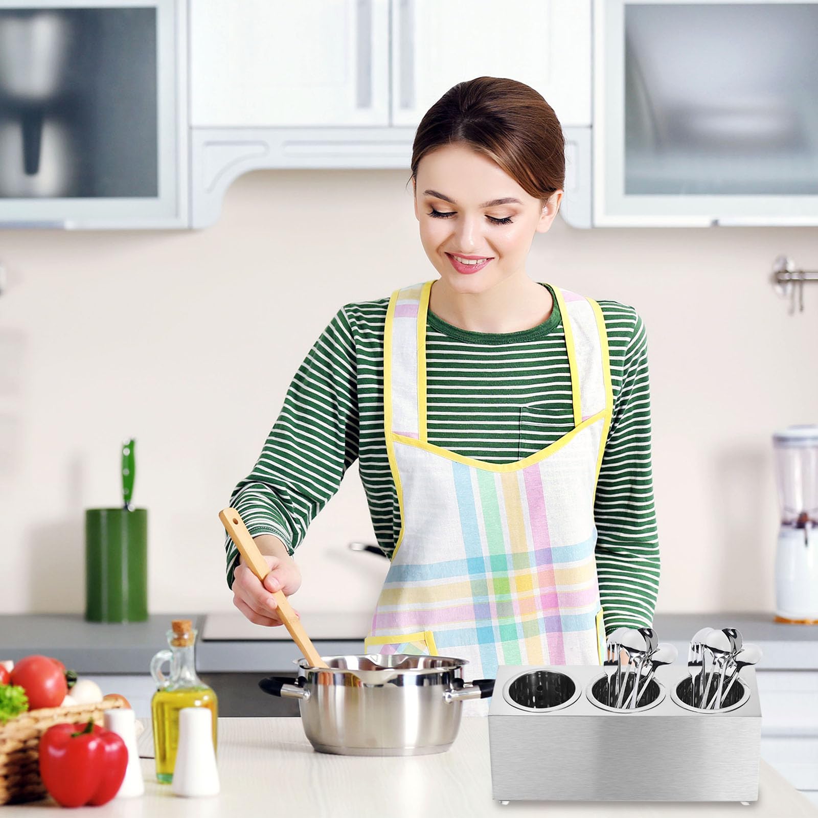 uxcell Kitchen Utensil Holder, Stainless Steel Cylinder Flatware Silverware Utensil Holder with 3 Compartments, Caddy Drying Rack Countertop Silverware Organizer for Buffets (3 Holes)