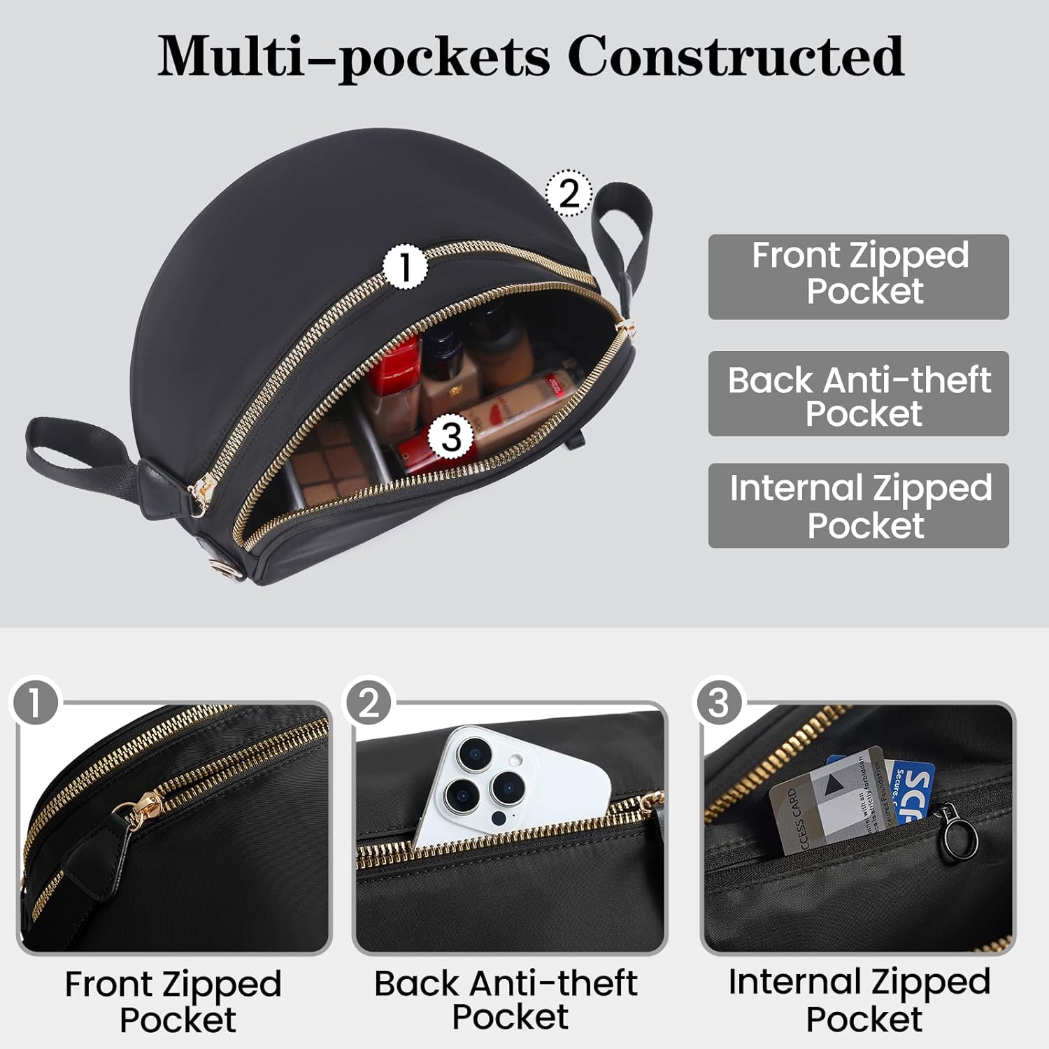 Nylon Crossbody Bags Bum Bag for Women Large Sling Bag Purse with Adjustable Strap（Black） - Image 3