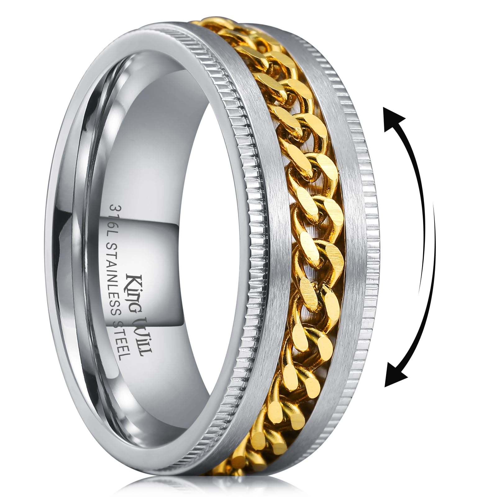 King Will 316L Stainless Steel Fidget Ring for Men Women-8mm Width with Stylish Chain Inlay Spinner Ring Stress Relief, Durable Wedding Band Comfort