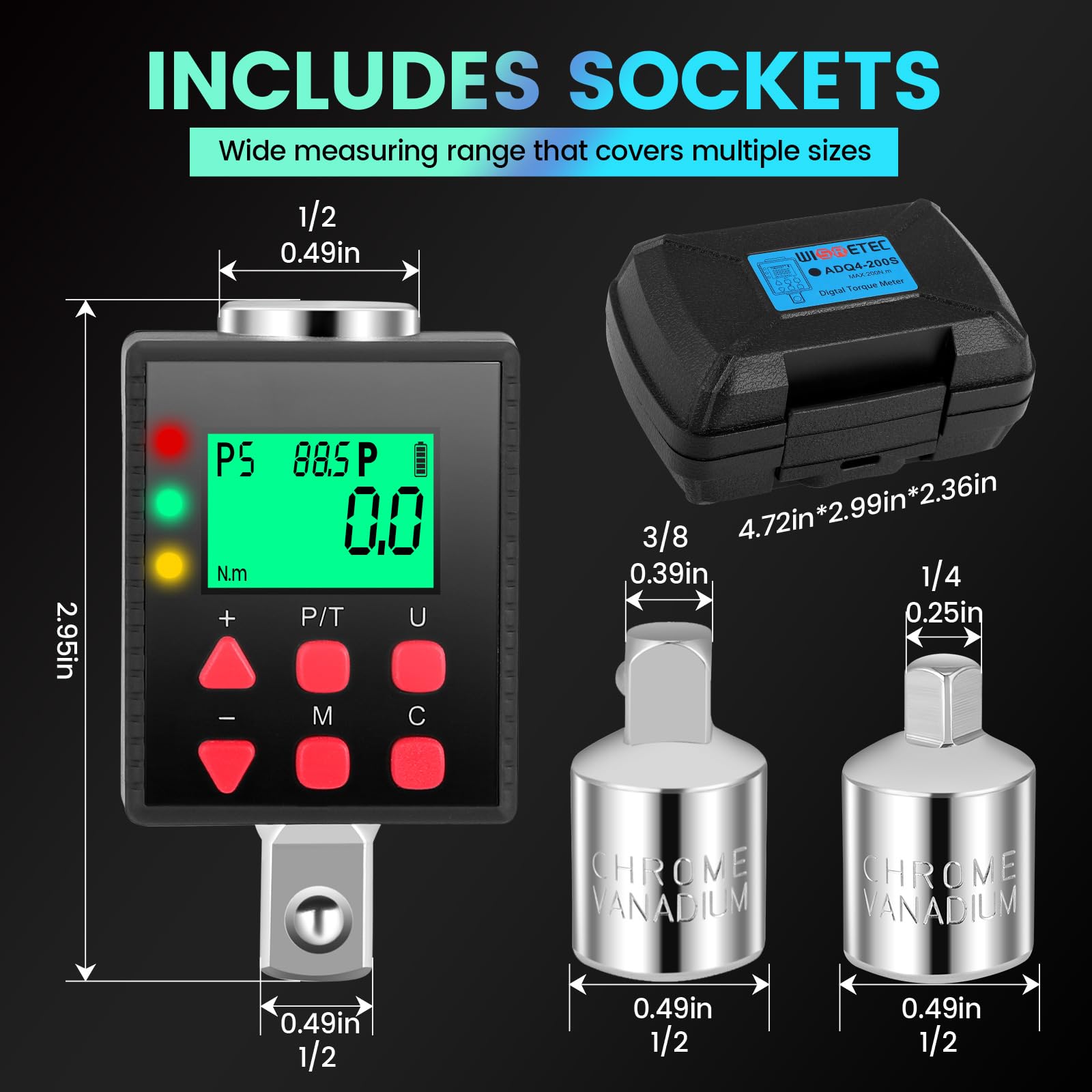 Adaptateur de Couple Numérique 1/2", 3.4-340Nm Clé Dynamométrique Numérique Outillage Mecanique Auto, Mode P/T, Stockage de Données, LED et Alerte Sonore, 1/4" 3/8" Adaptateur pour Auto, Moto