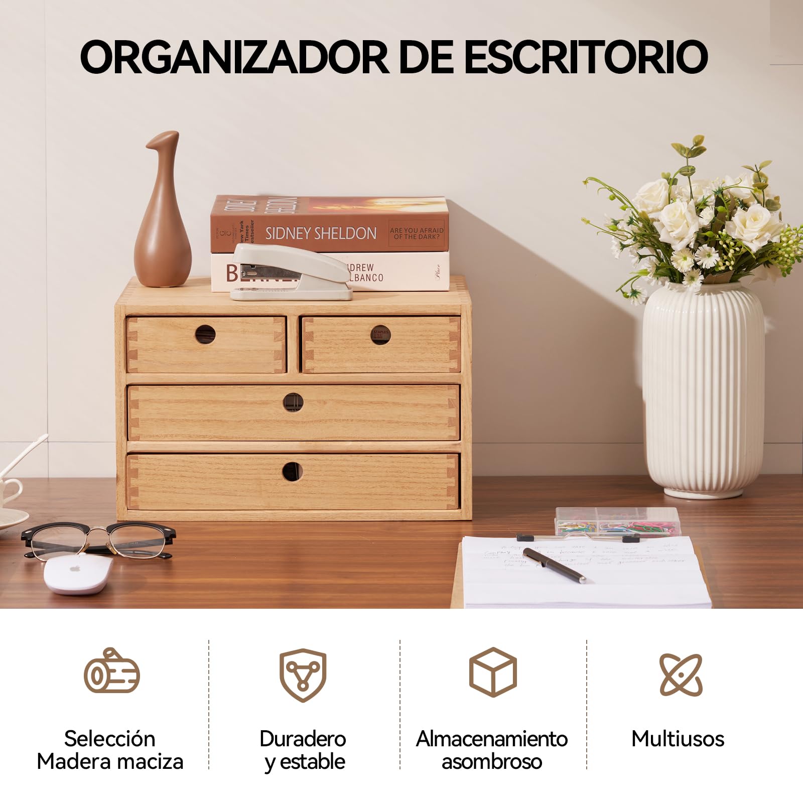 KIRIGEN Cajas de Madera para cajones Planos de Archivos, Cajas de Almacenamiento con Compartimentos, Montaje sin Herramientas 3 Niveles/4 cajones Color Natural