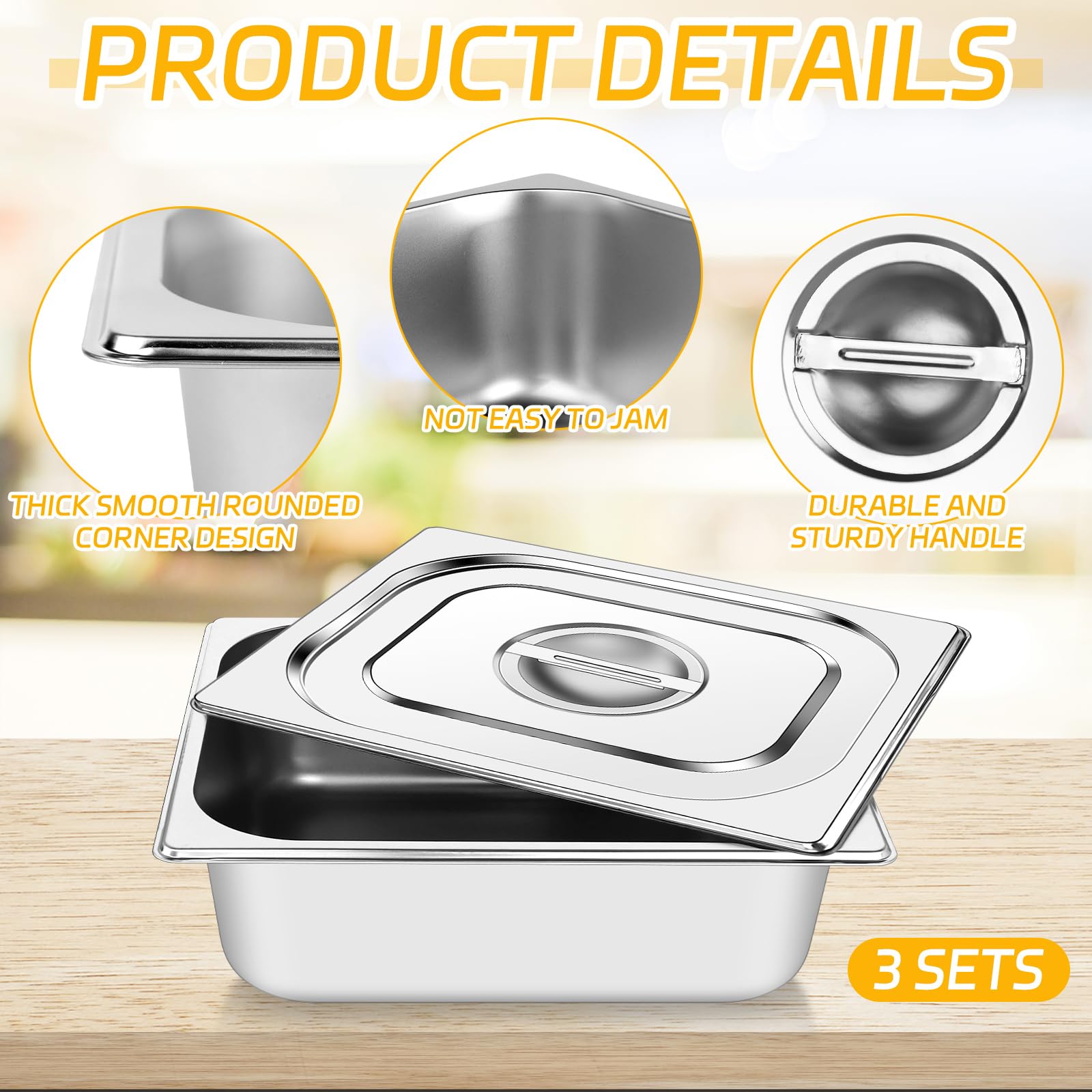 Set di 3 contenitori Gastronorm in acciaio inox, 1/2, profondità 100, 240, 300 mm, con coperchio, 3,5 l, in acciaio inox, set di utensili da portata per catering (profondità 100 mm con